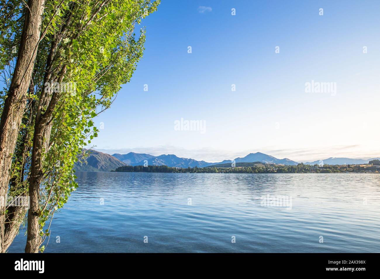 Early morning lake sunrise with golden light. Blue sky and water. Lake Wanaka New Zealand, Popular travel destination. Stock Photo