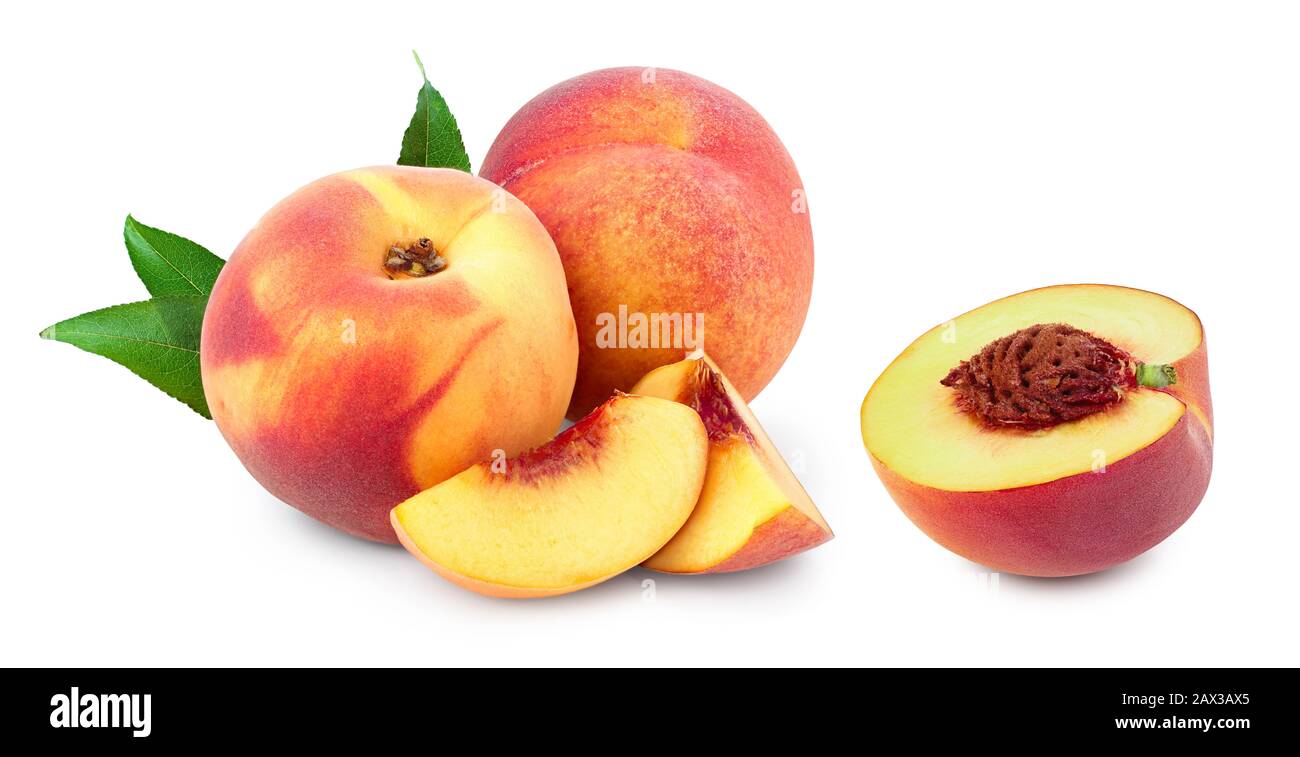 Ripe peach fruit and half with leaf isolated on white background Stock ...