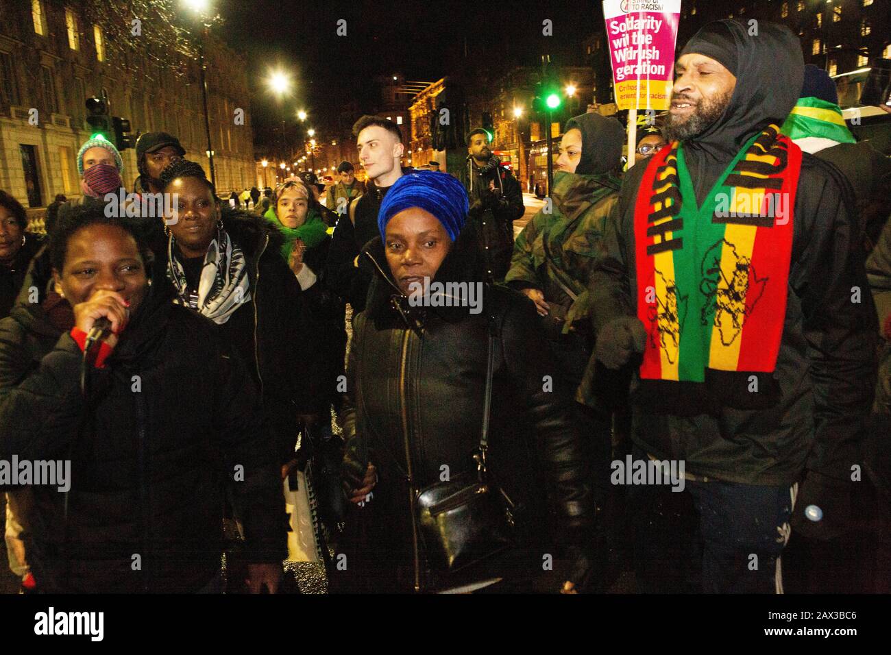 London, UK. 10th Feb 2020. People protest out side Downing Street to try to halt deportation of 50 people on a Home Office charter flight to Jamaica. Credit: Thabo Jaiyesimi/Alamy Live News Stock Photo