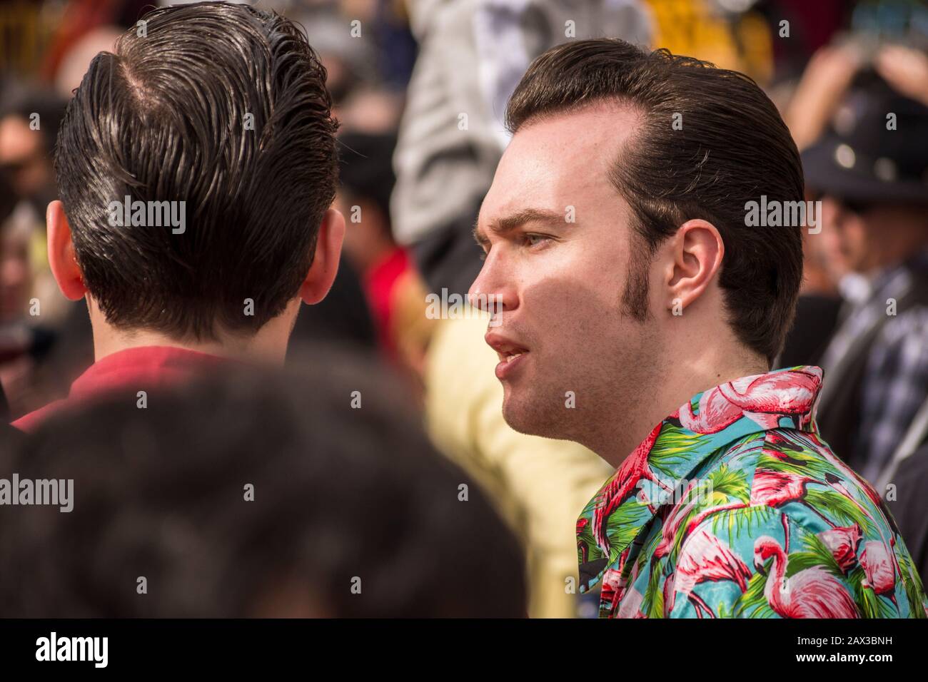 Man in fifties style at 2020 Rockabilly festival, Rockin Race Jamboree, Torremolinos, Andalusia, Spain Stock Photo
