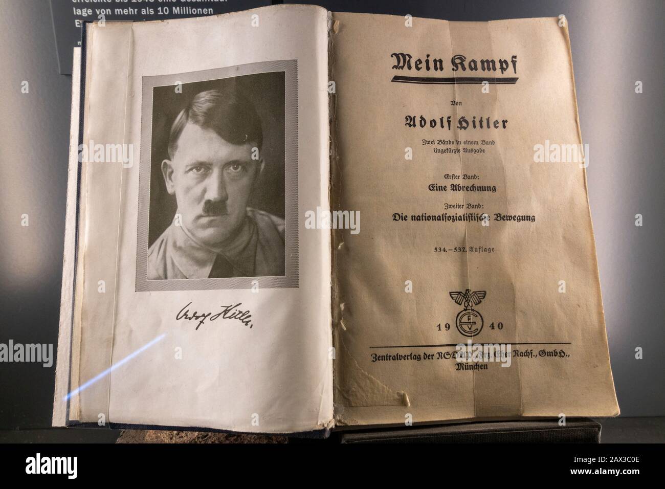 A signed copy of Adolf Hitlers ''Mein Kampf', on display in the Documentation Center Nazi Party Rally Grounds, Nuremberg, Bavaria, Germany. Stock Photo