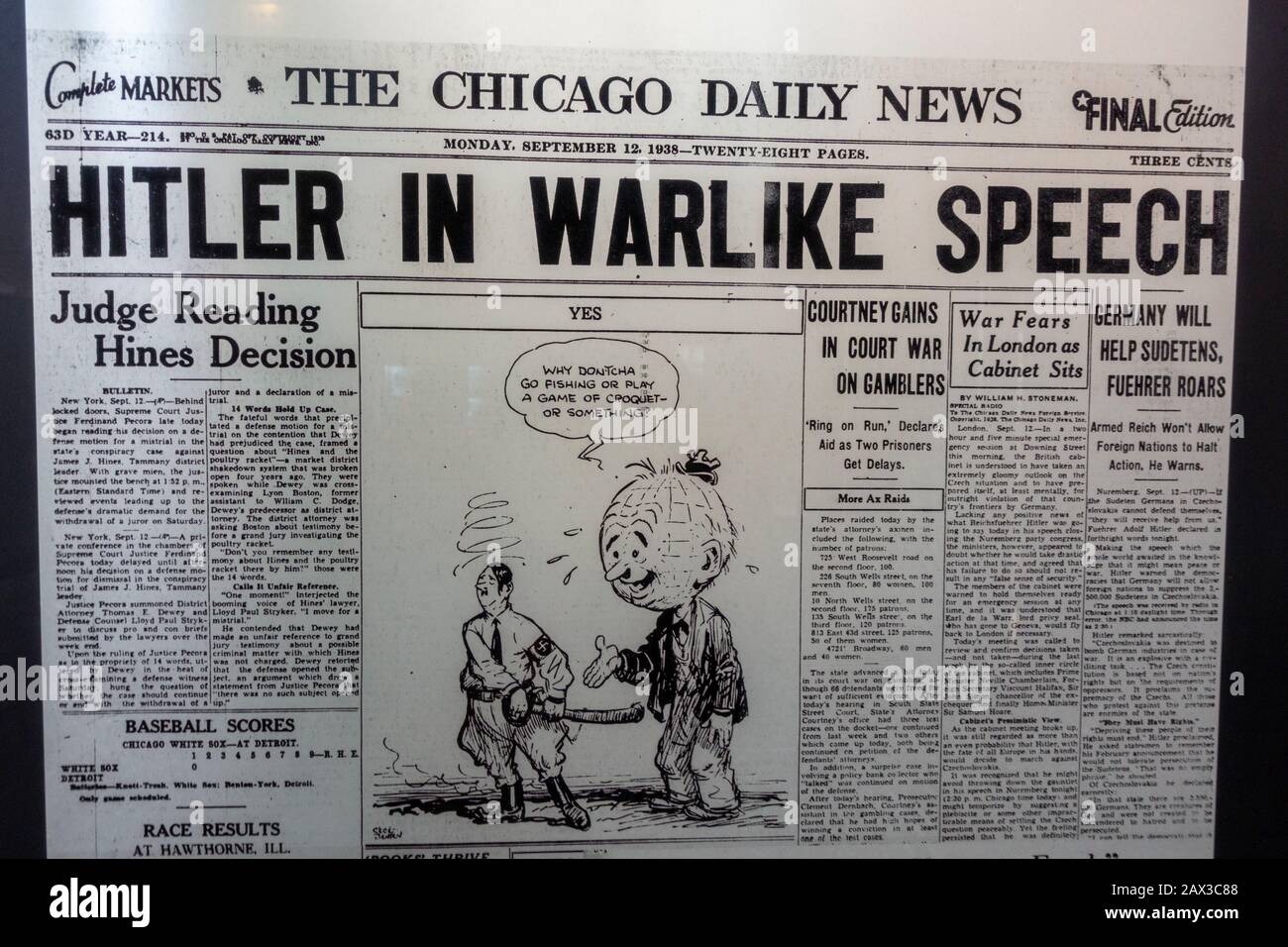 'Hitler in warlike speech' headline, Chicago Daily News 12 Sept 1938,  Documentation Center Nazi Party Rally Grounds, Nuremberg, Bavaria, Germany. Stock Photo