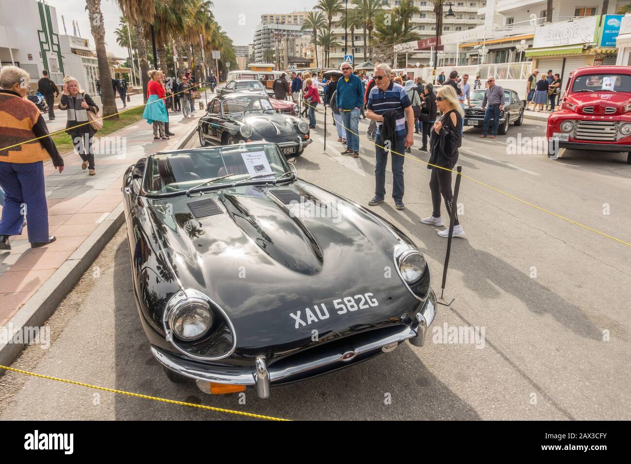 Jaguar E Type on display during street festival. Torremolinos, Spain. Stock Photo