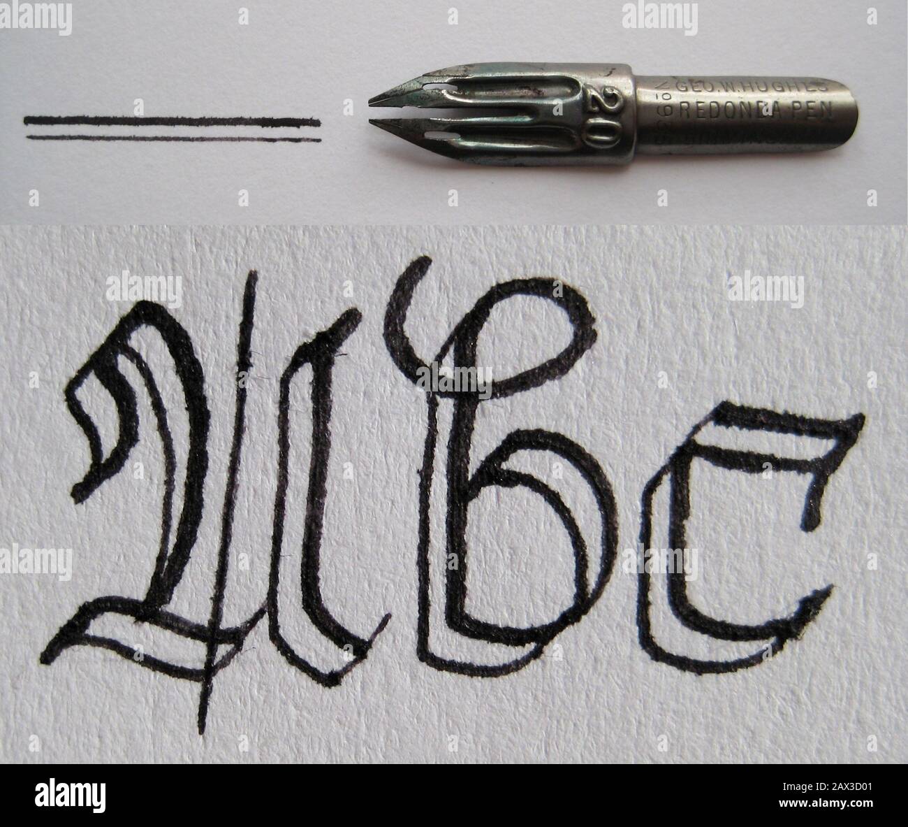 Doppelstrichfeder mit strich und schriftbeispiel scroll nib with