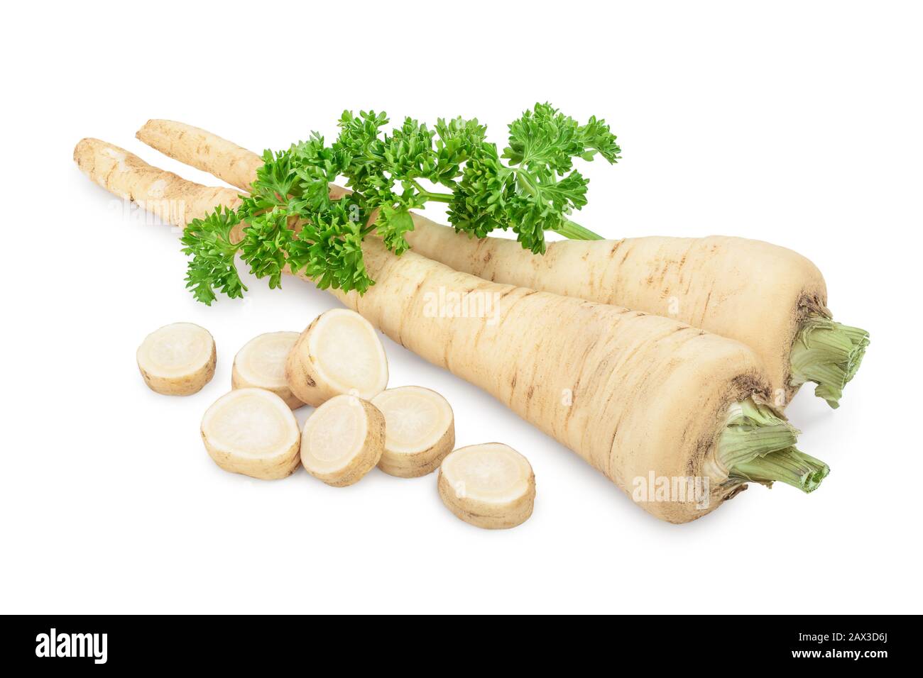 Parsley root with slices and leaves isolated on white background Stock