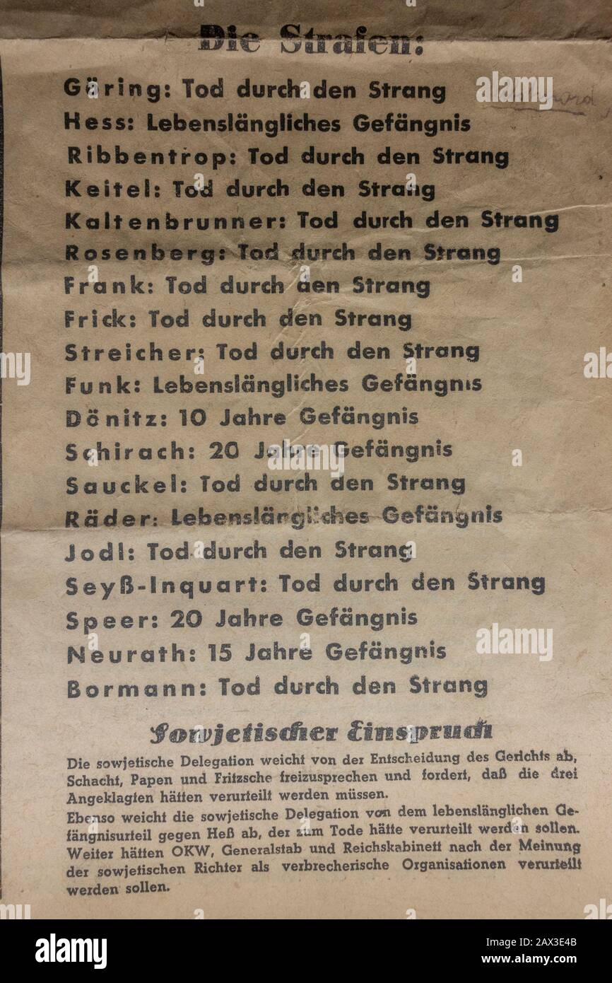 Newspaper printed list of full sentences list of Nuremberg War Crimes Trials, Documentation Center Nazi Party Rally Grounds, Nuremberg, Germany. Stock Photo
