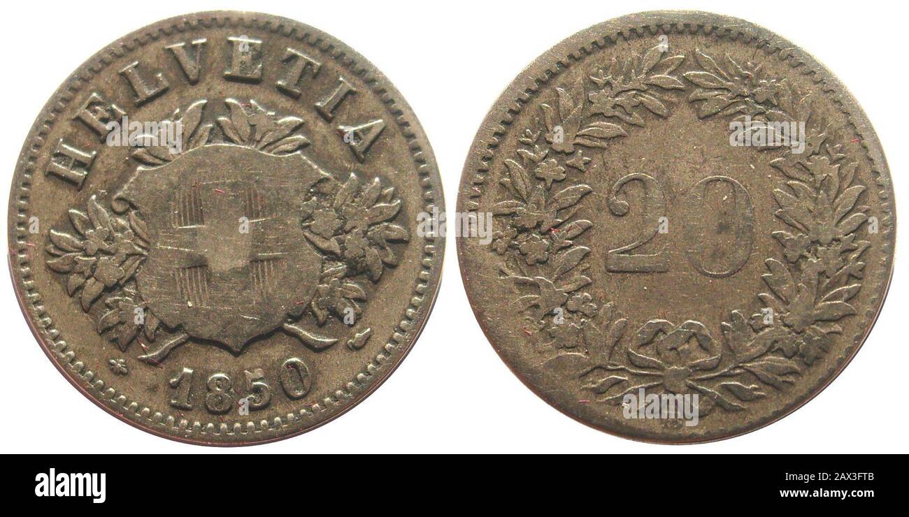 '20 centimes rappen suisse billon 1850; 10 April 2009; Own work; J. Courtois, Original uploader was Ivlianvs at fr.wikipedia; ' Stock Photo
