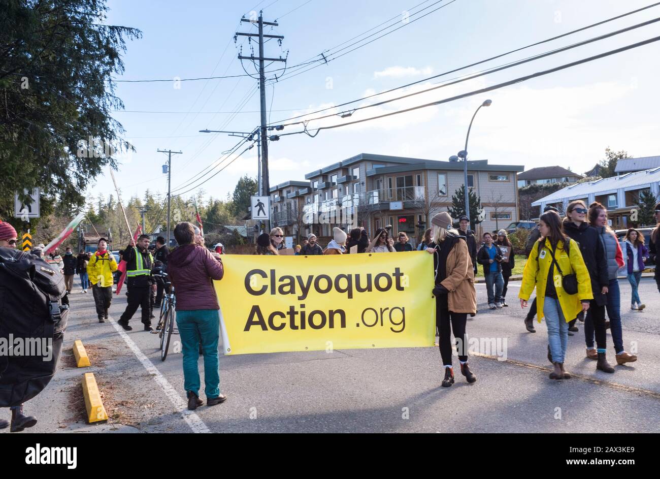 Activists and protesters block an intersection in Tofino, BC, Canada to protest the government and the Coastal GasLink pipeline project Stock Photo