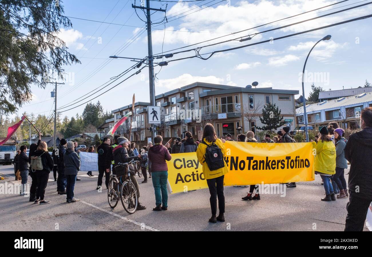 Activists and protesters block an intersection in Tofino, BC, Canada to protest the government and the Coastal GasLink pipeline project Stock Photo