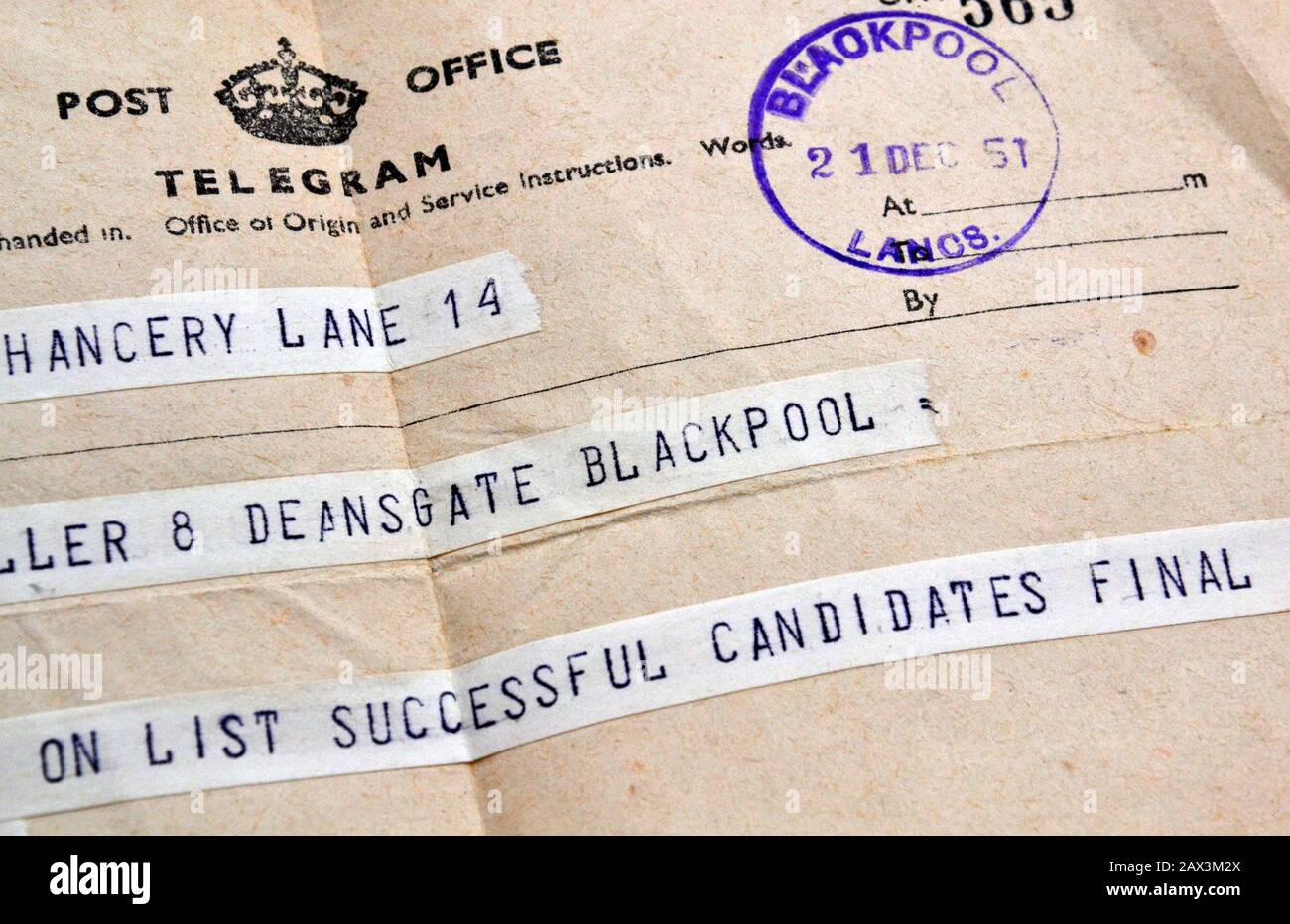 A 1951 uk Post Office telegram sent to inform somebody in Blackpool is on the list of successful final examination candidates Stock Photo