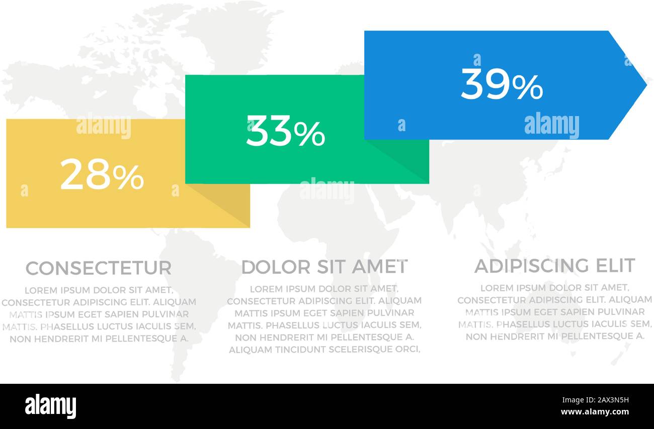 Set of yellow, green and blue elements for infographic with world map presentation slides. Stock Vector