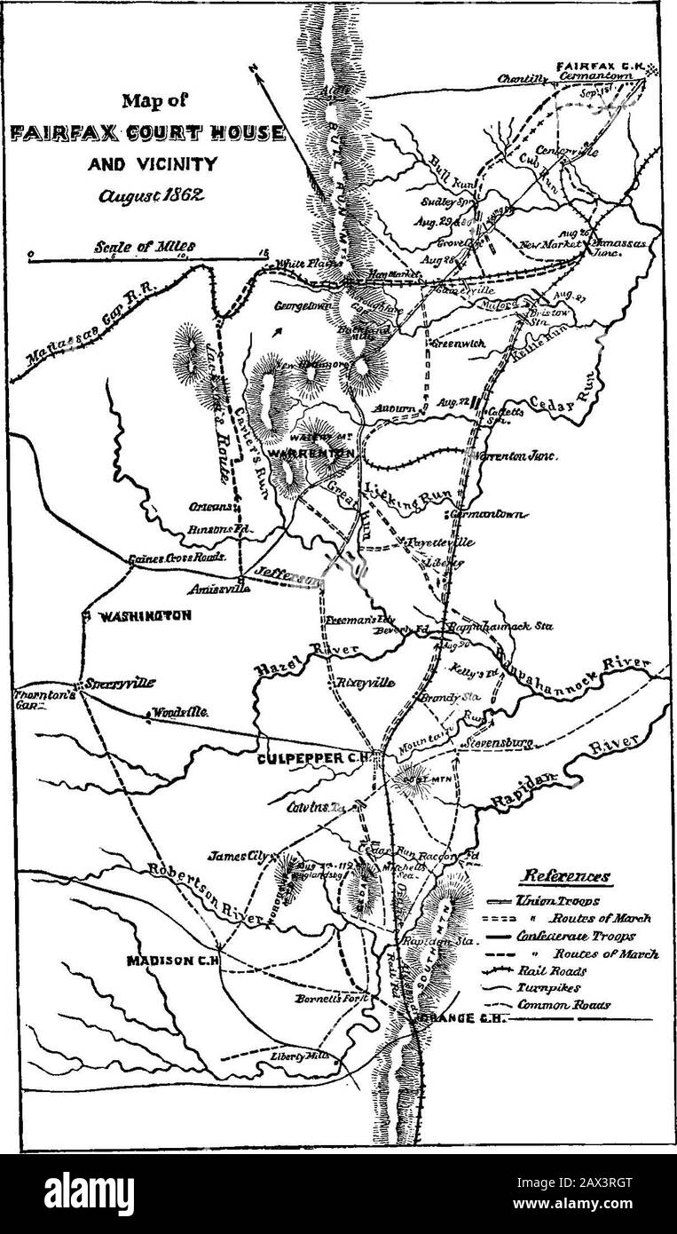 Concise history of the camp and field life of the 122d Regiment, Penn'a Volunteers [electronic resource] . ary parlanceas a grand rout and disaster. Thus they poured into ourcamps, until the dark night hours set in, when we turned intoroost for rest, but brief and disturbed at that. And Still They Came !—The Gallant, yet WorstedVeterans—.Rebel Spies Captured, etc. Thursday, August 28, 1862.—The weather continuedwarm. All day long the men poured in, but from Hookers,Porters, and other corps, and the whole army seemed thento be concentrating here. Several rebel spies had been cap-tured and broug Stock Photo