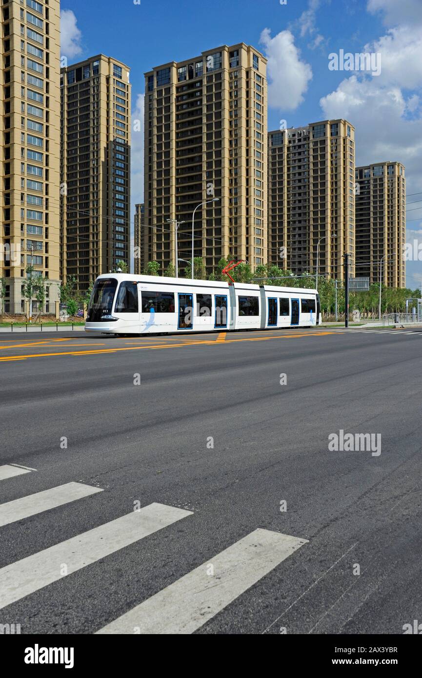 Shenyang's modern tram system opened for use in August 2013 with a line between the airport and the Olympic stadium in Hunnan district, first to open. Stock Photo