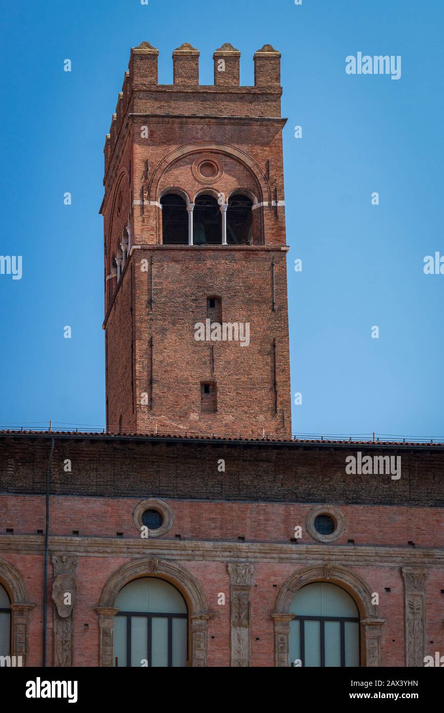 Torre dell’Arengo in the Italian city of Bologna on a summer morning
