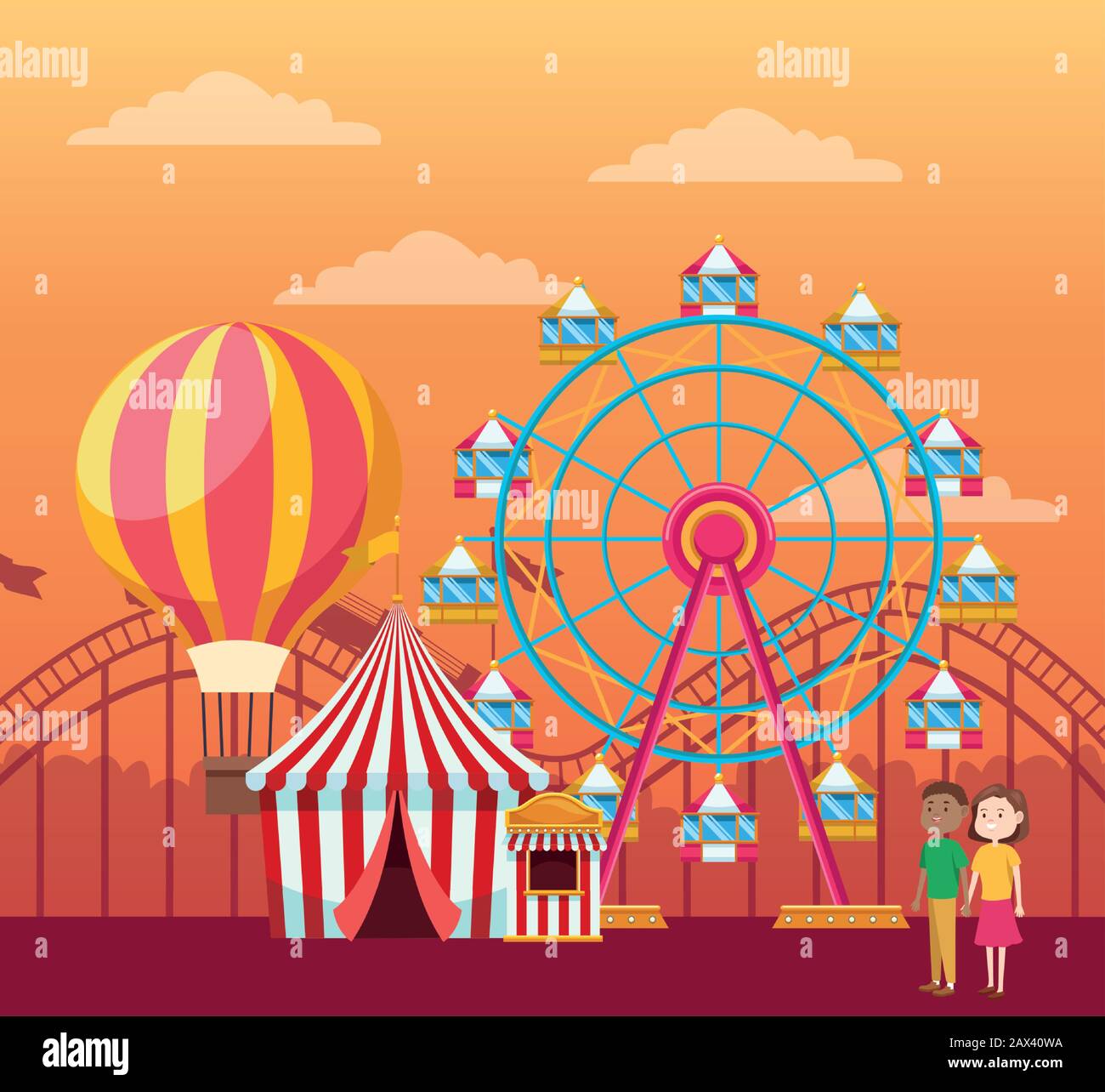 couple in the fair with hot air balloon, ferris wheel and fair tent ...