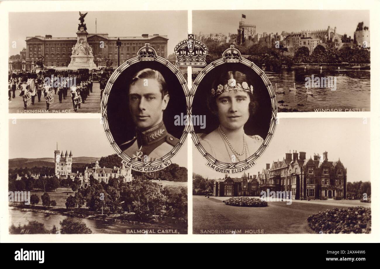 1930 ca , London , England  : The  King GEORGE VI  and Queen ELIZABETH , relatives father and mother of future  Queen ELIZABETH  II of England ( born 1926 ), official propaganda postcard with the royal residences of castle of Windsor , Balmoral , Buckingham Palace and Sandringham House  - REALI - ROYALTY - nobili - Nobiltà  - nobility - GRAND BRETAGNA - GREAT BRITAIN - INGHILTERRA - REGINA MADRE ELISABETTA - WINDSOR - House of Saxe-Coburg-Gotha -  ROYAL FAMILY - FAMIGLIA REALE -  cartolina commemorativa - residenze reali - casa - house - castello  --- ARCHIVIO GBB Stock Photo