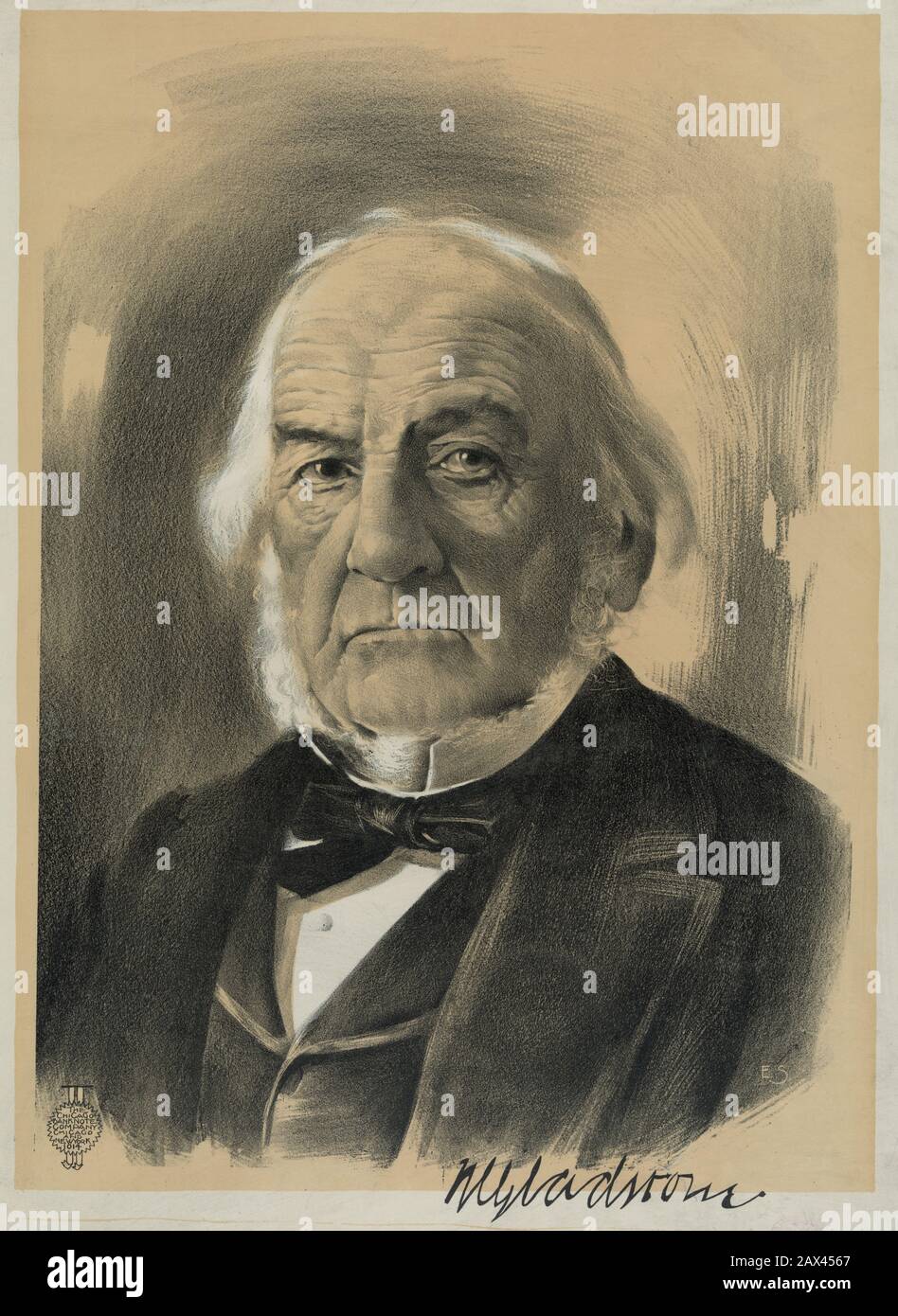 Sir William Ewart Gladstone ( 1809 –  1898 ) was a British Liberal statesman. In a career lasting over sixty years, he served as Prime Minister four separate times more than any other person. Gladstone was also Britain's oldest Prime Minister, 84 years old when he resigned for the last time. He had also served as Chancellor of the Exchequer four times (1853–1855, 1859–1866, 1873–1874, and 1880–1882) . Envraved print from 1893 , Chicago Banknote company and New York , USA -  GRAND BRETAGNA  - FOTO STORICHE - HISTORY - Primo Ministro Inglese - Epoca VITTORIANA - Queen Victoria - Victorian Hera Stock Photo