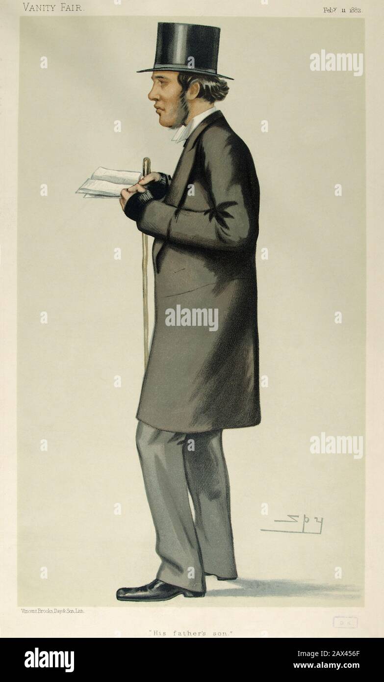 1882 , GREAT BRITAIN  : William Henry Gladstone ( 1840 –  1891 ), caricature by Spy published in Vanity Fair in 1882 . Was a British Liberal Party Member of Parliament, and the eldest son of Prime Minister William Ewart Gladstone and his wife Catherine nee Glynn . Sir William Ewart Gladstone ( 1809 –  1898 ) was a British Liberal statesman. In a career lasting over sixty years, he served as Prime Minister four separate times more than any other person. Gladstone was also Britain's oldest Prime Minister, 84 years old when he resigned for the last time. He had also served as Chancellor of the Ex Stock Photo
