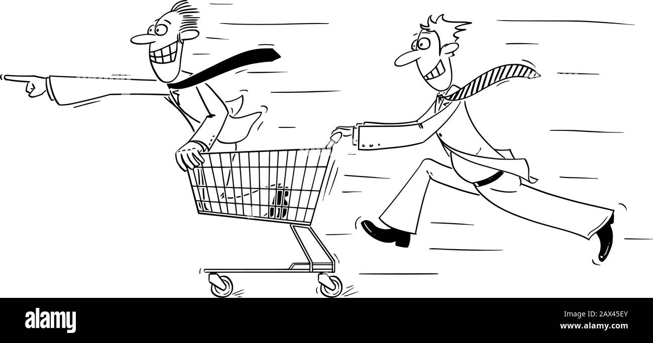 Vector funny comic cartoon drawing of man or businessman running fast and pushing another man in shopping cart. Business concept of investment and finance. Stock Vector