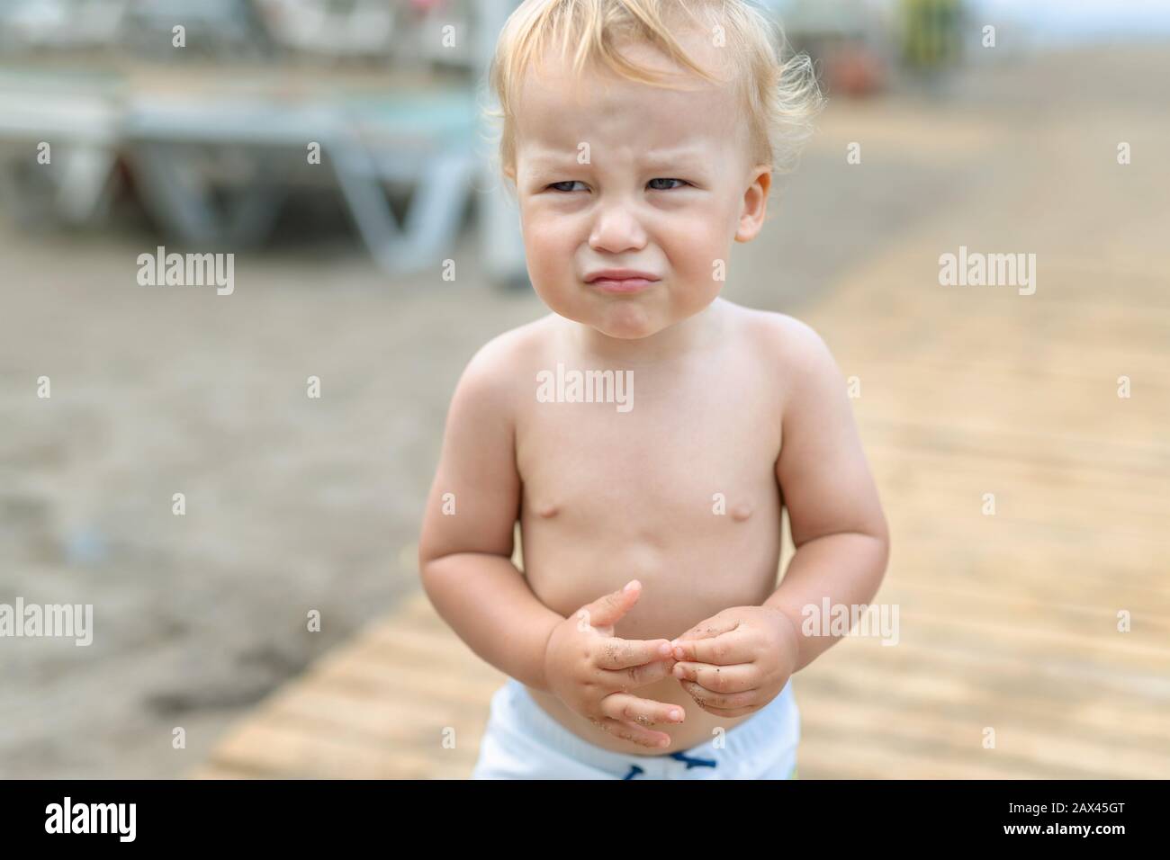 Cute Funny Upset Caucasian 2 Year Old Toddler Boy Standing Abandoned ...