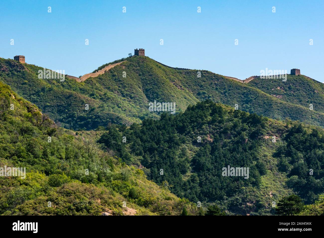 Ming dynasty Jinshanling Great Wall of China wiht watch towers on mountain ridge in sunny weather, Hebei Province, China, Asia Stock Photo