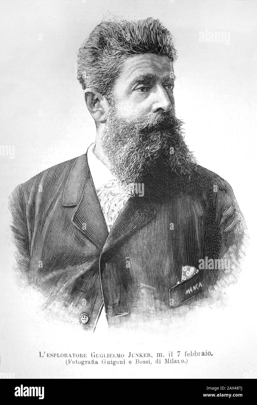 1892 :  The russian esplorer of Africa WILHELM JUNKER ( 1840 - 1892 ). He was of German descent. - ESPLORATORE - esplorazioni - GUGLIELMO - Vasilij Vasilevic Junker - AFRICA NERA - NILE - NILO - CONGO - UGANDA - ritratto - portrait - incisione - engraving - beard - barba ----  Archivio GBB Stock Photo
