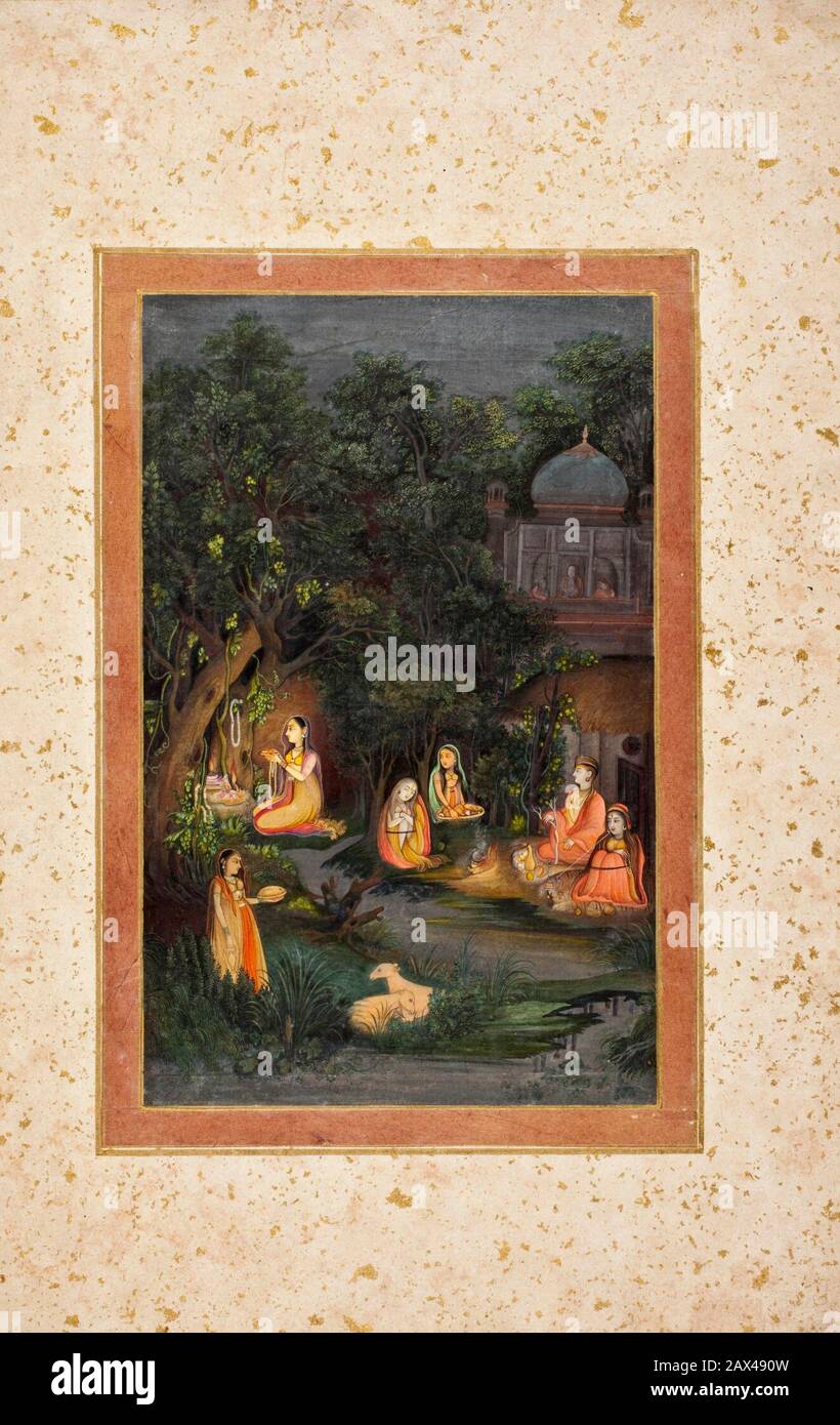 'A Princess Visiting a Forest Shrine at Night (image 1 of 2); English:  India, Uttar Pradesh, Awadh, Lucknow, circa 1760 Drawings; watercolors Opaque watercolor and gold on paper Purchased in memory of Emeritus Professor Roy C. Craven, Jr. with funds provided by the Southern Asian Art Council, Stephen Markel, Lorna Andreae Craven, Pierre Andreae, Jay and Kathleen Craven, Ruth and Bill Beesch, Mark Zebrowski and John Robert Alderman, R. and Dharini Charudattan, Austin B. Creel, Herbert H. Luke, Stephen Barry, Myra L. Engelhardt and Lawrence E. Malvern, Toby Falk, Claire and Earl Hale, Janice Le Stock Photo
