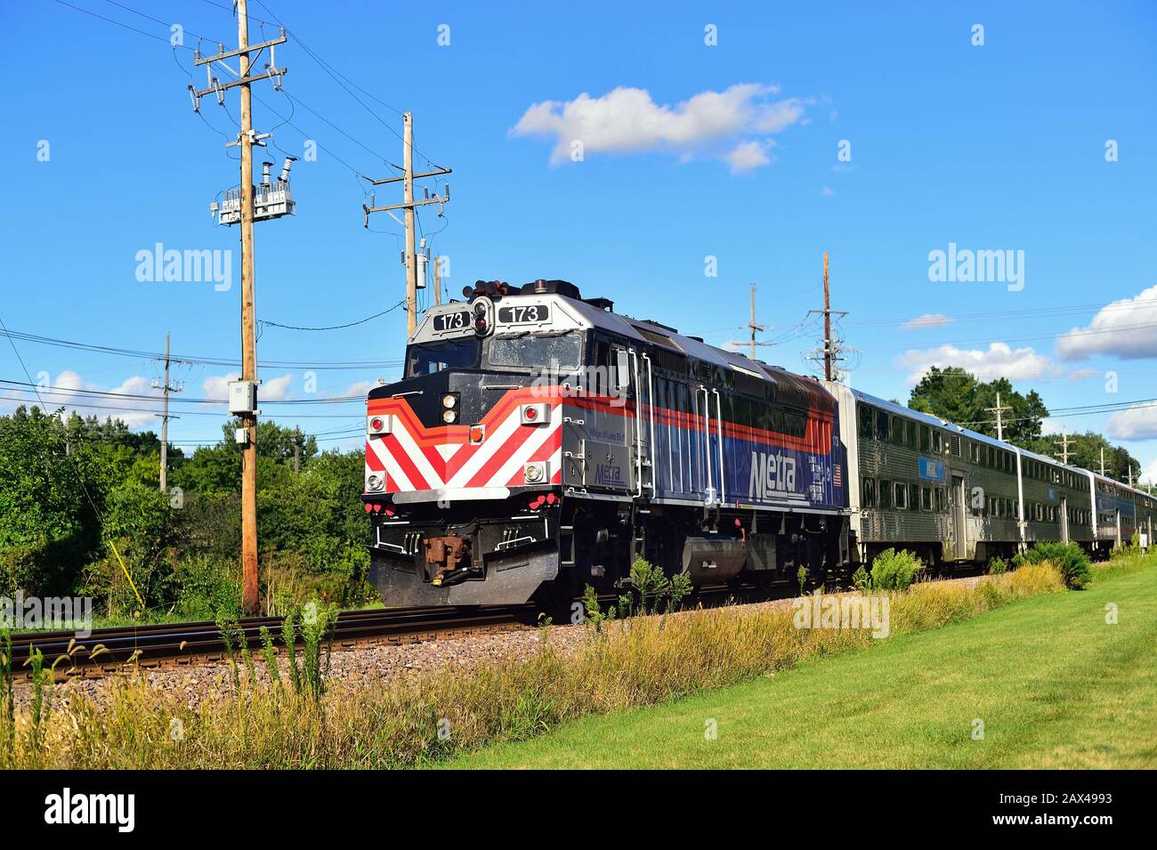 Geneva, Illinois, USA. A Metra leading an afternoon train