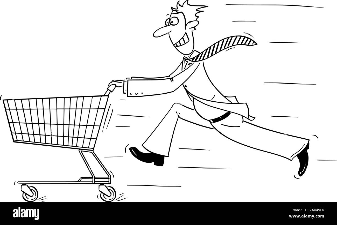 Vector funny comic cartoon drawing of man or businessman running fast and pushing the shopping cart. Business concept of investment and finance. Stock Vector