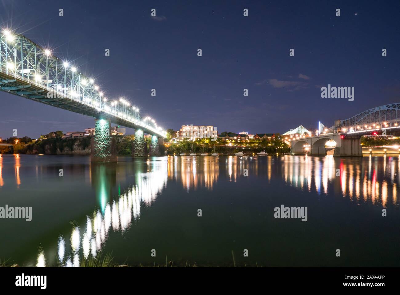 Chattanooga City Skyline along the Tennessee River at Night Stock Photo