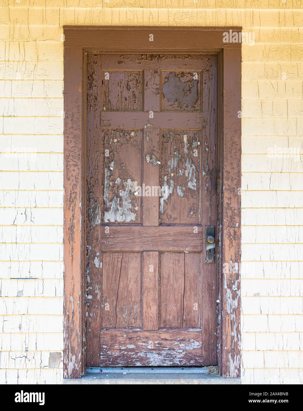 Old weathered wood door with peeling paint Stock Photo