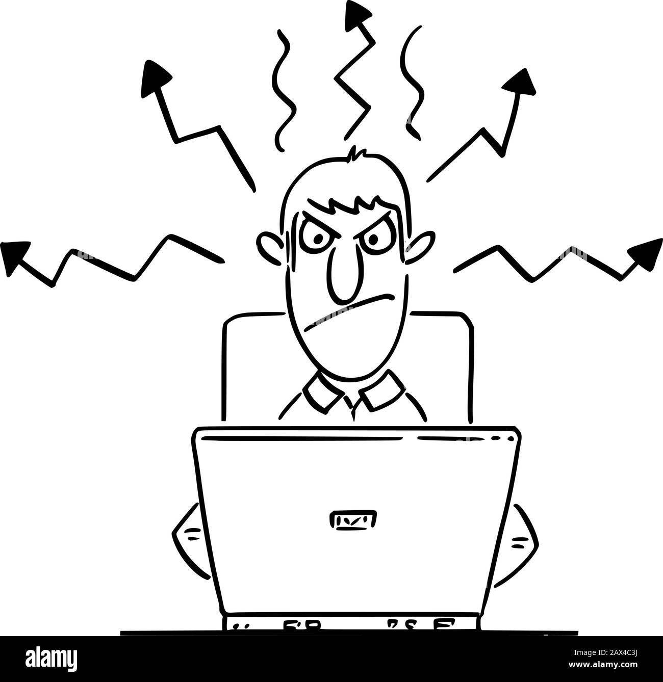 Vector funny comic cartoon drawing of angry office worker or man or businessman working or typing on computer. Stock Vector
