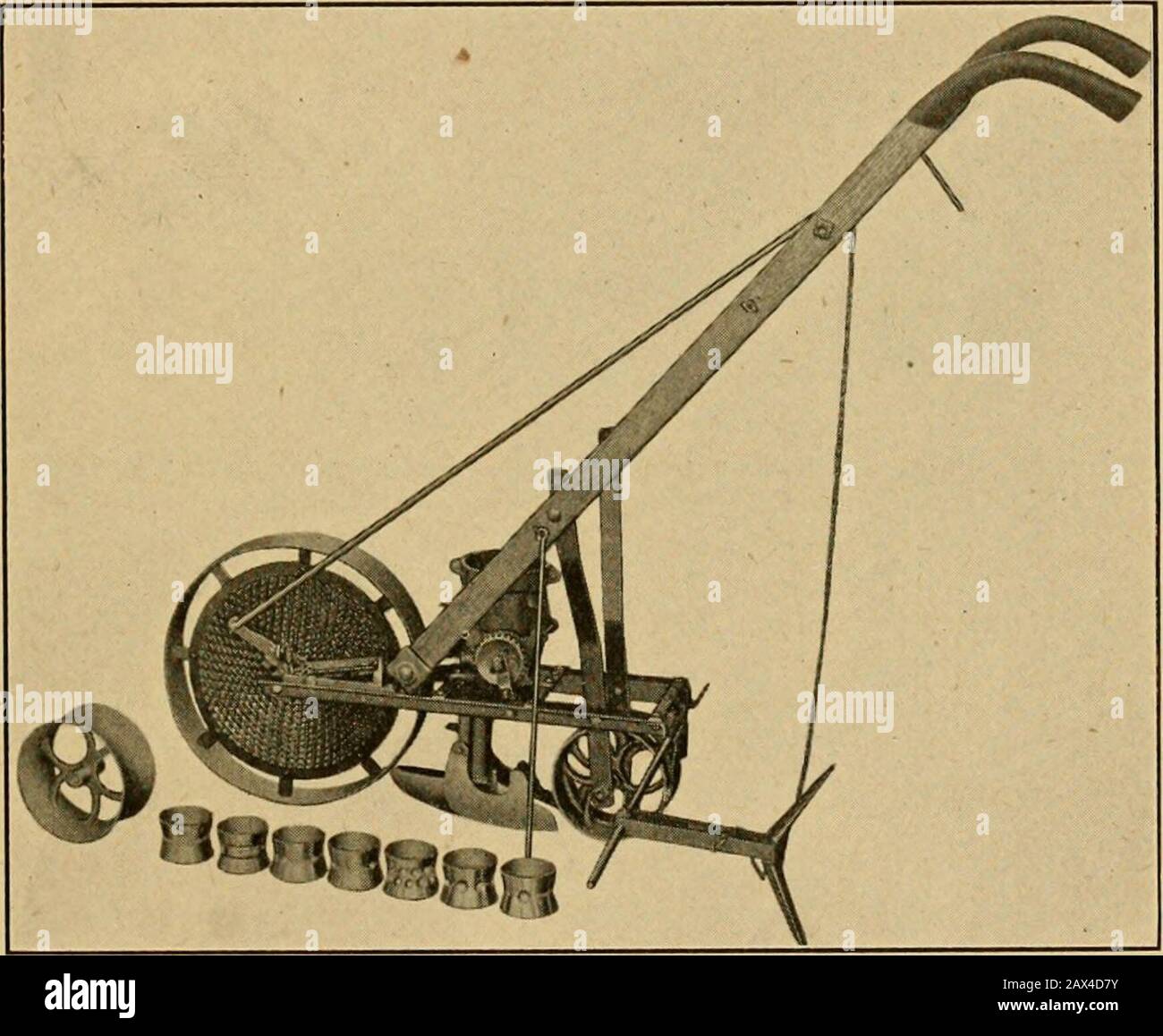 Vegetable growing . Fig. 31.—Combination hill and drill seeder and double-wheel hoecultivator. (Courtesy of Henry A. Dreer, Philadelphia.) Seed Drills.—Seed drills, although not well adapted to theneeds of the small garden where the amounts of each vege-table seed sown are small and occupy but a portion of a row,are of value to the grower of truck crops and root crops,and where these are grown in quantity the seed drill becomesa necessity. Where these conditions prevail the seed drillused for sowing the other crops mentioned may also be madeuse of in sowing vegetable seed in the garden if the Stock Photo