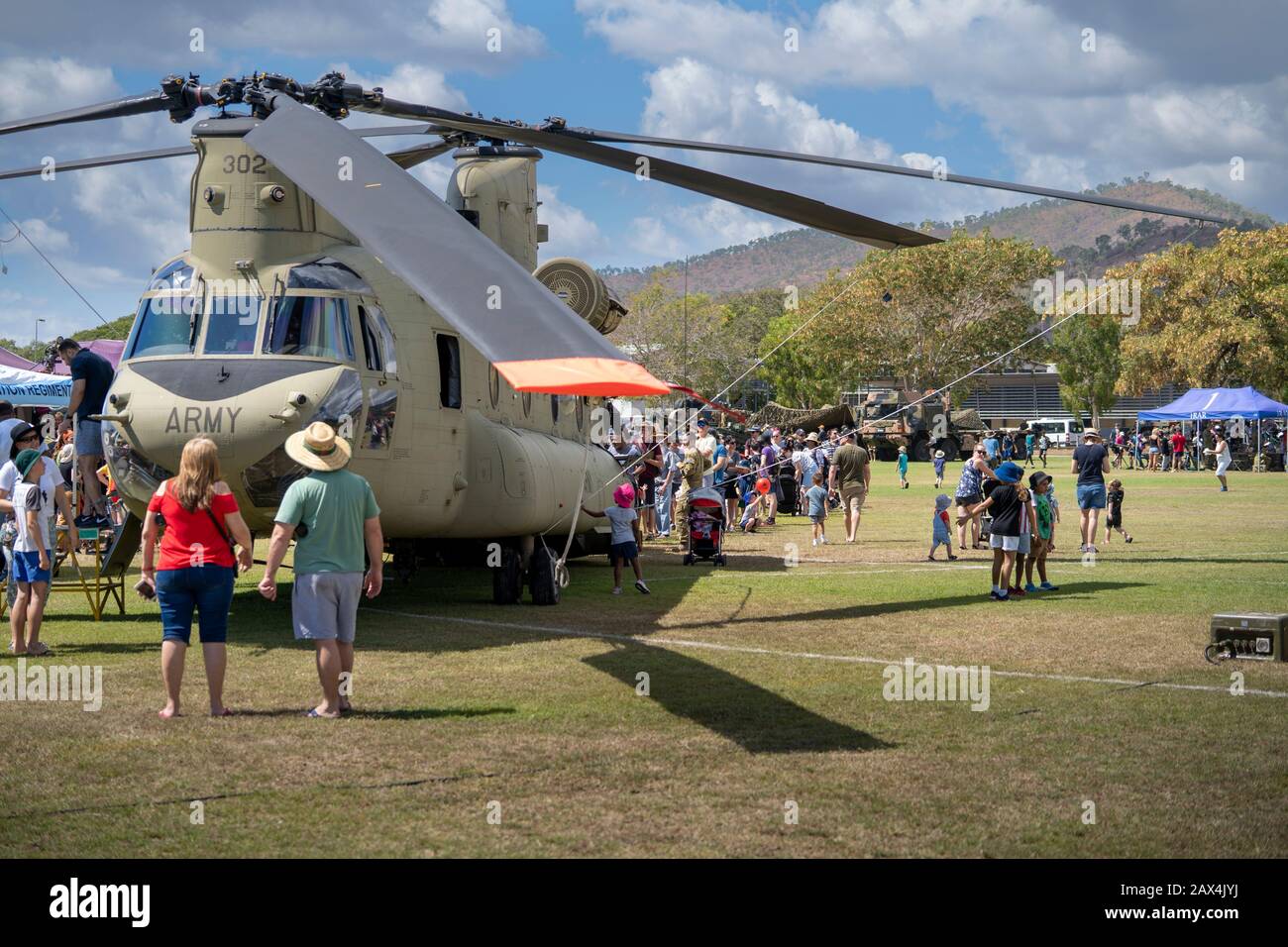 People looking at Chinook Helicopter on display at Australian Army Open Day, Lavarack Army Barracks, Townsville North Queensland Stock Photo