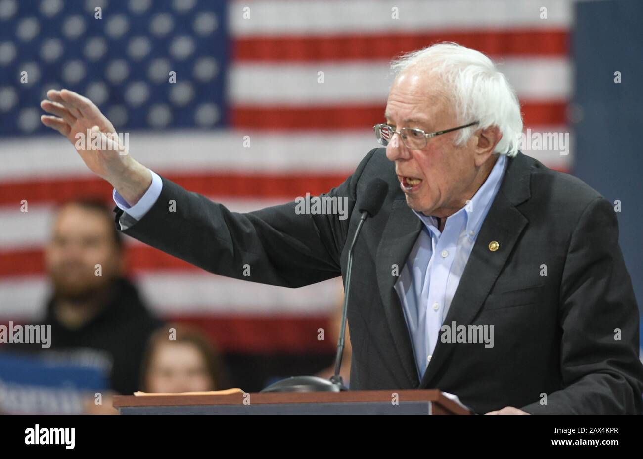 U.S. Senator Bernie Sanders, Independent of Vermont, speaks in Ringe, N.H., USA, during the New Hampshire presidential primary campaign. Stock Photo