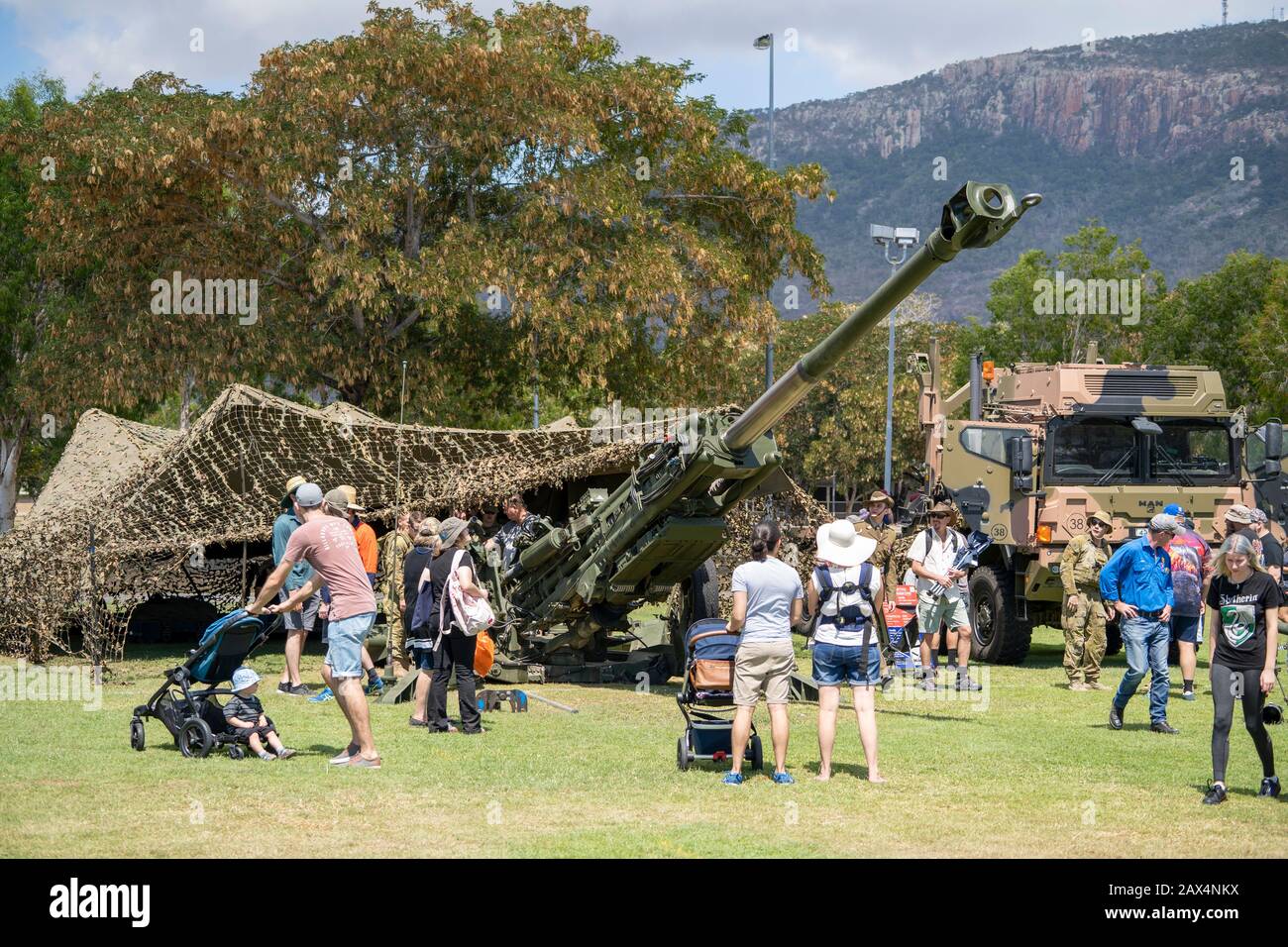 People looking at military equipment on display at Australian Army Open Day, Lavarack Army Barracks, Townsville North Queensland Stock Photo