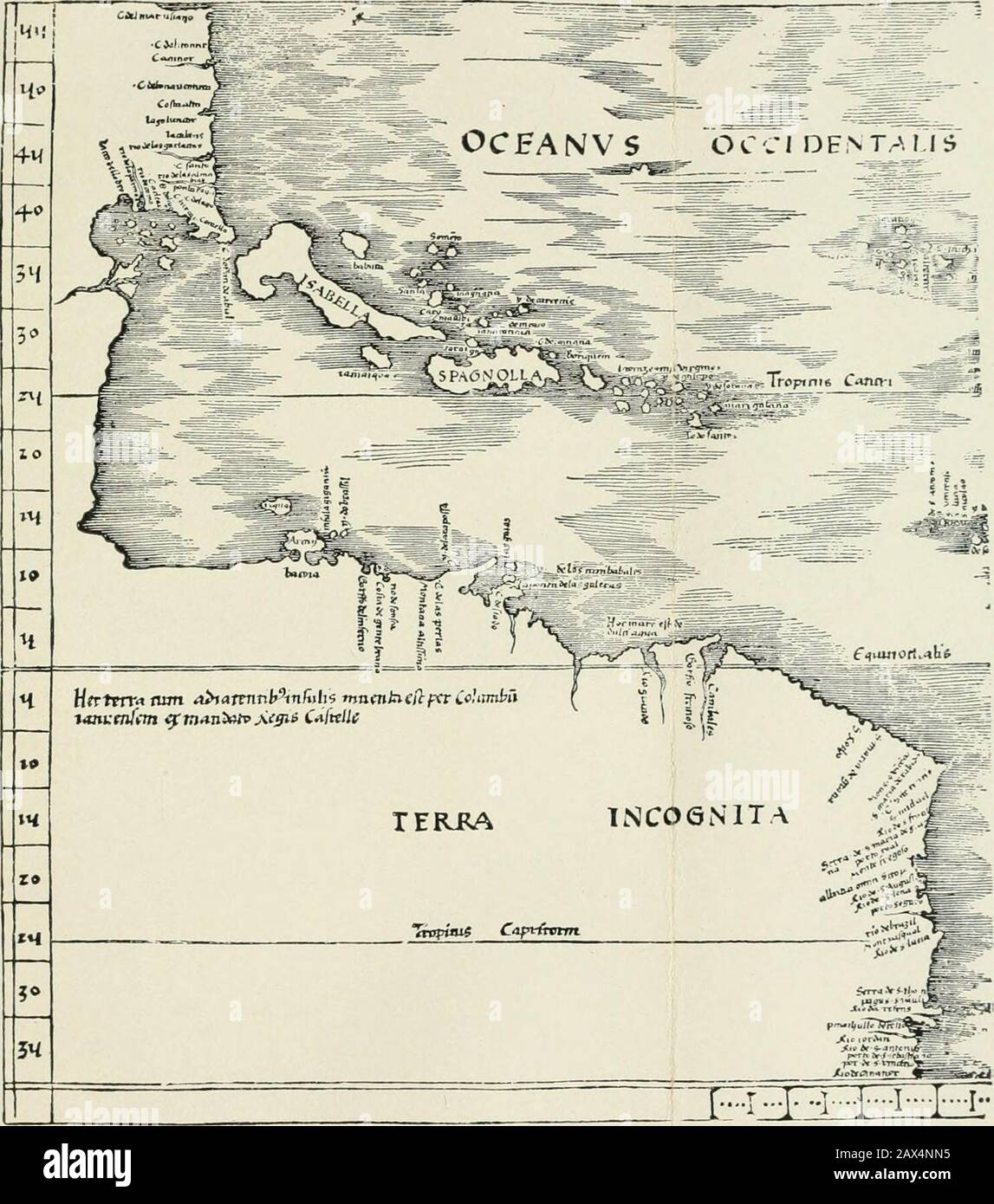 The discovery of America . Diego. C. del gato, C. de lago. cape of the cat. puta Roixa, ponta royal. 1 red point ? )p. Bayxa,^ low point ? ) Rio de las almadias, rio de las amadias. river of canoes. Cabo Santo, C. Santo, holy cape. Rio de los largartos, rio de los garlartos, river of lizards, or aUigators. las cabras, la cablas ? ? lago luncor, lago luncor. 1. luengo, long lagoon ? Costa alta, Costa alta. high coast. Cabo de boa ventura, C. de bonauentura, cape of good fortune. Cansure, Caninor, ? Cabo d. licotu, C. del itontir. C. del encontro,^ cape of meeting ? Costa del mar v^ano, C. del m Stock Photo