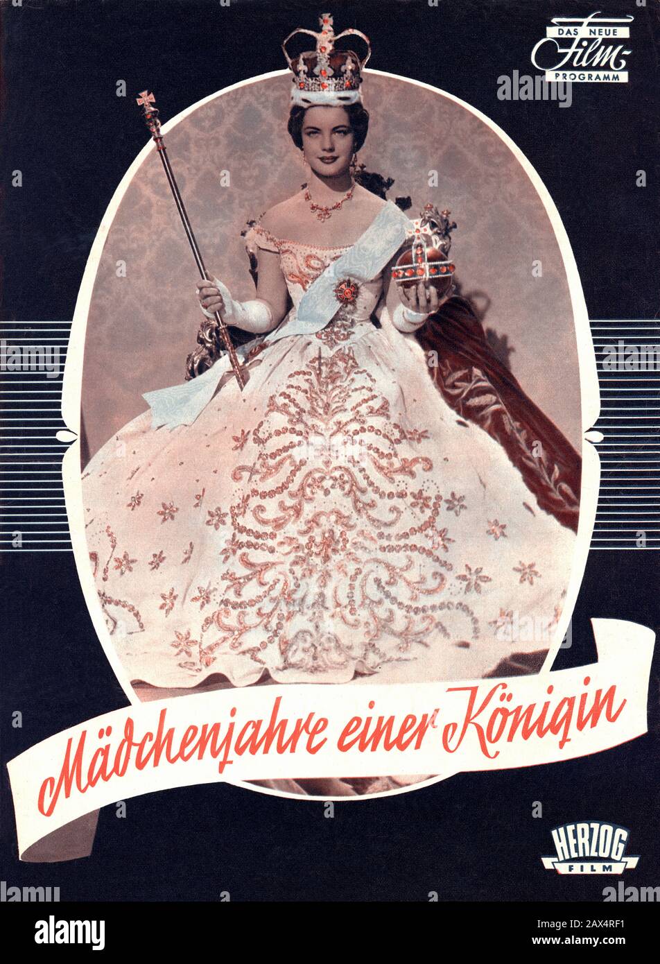1954 :  The celebrated austrian actress ROMY SCHNEIDER ( born Rosemarie Albach-Retty , Wien 1938 - Paris 1982 )  as the Queen Empress Victoria of Great Britain in MADCHENJAHRE EINER KONIGIN ( 1954 - L' amore d'una grande Regina )  by Ernst Marischka , whit her KARL HEINZ BOHM as the Kaiser Franz Josef . Cover of movie program DAS NEUE FILM PROGRAMM , 1954 - ATTRICE - MOVIE - FILM - CINEMA - ASBURGO - ABSBURGO -  portrait - ritratto  - sorriso  - diamanti - diamonds - diamante - diamond - jewellery - jewel - jewels - gioiello - gioielli - collana  - necklace - neck-lace - scollatura - neckline Stock Photo