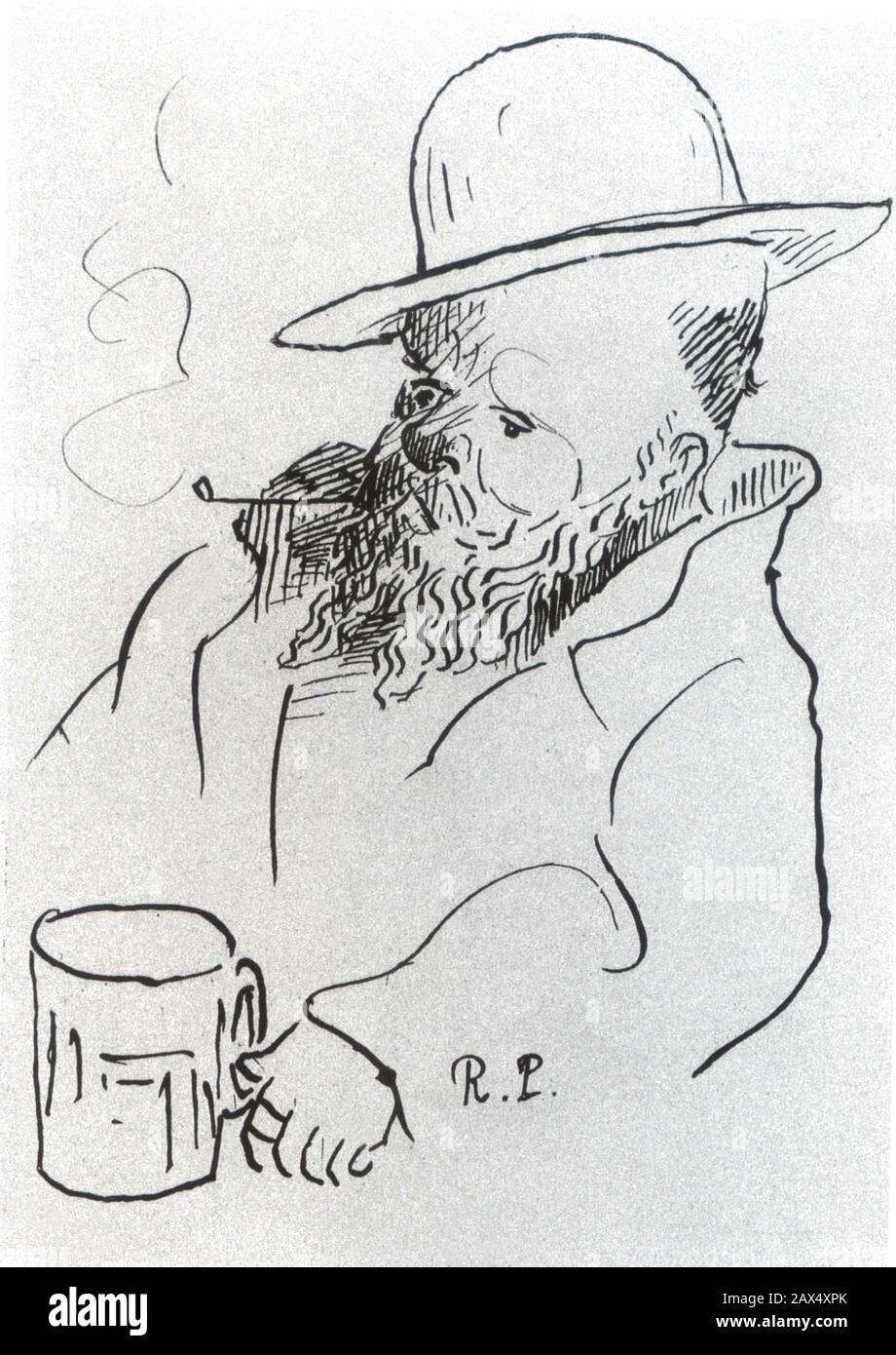 The french poet RAOUL PONCHON ( 1848 -  1937 ) ,  self-portrait with a beer mug . Nevertheless he wrote a half-dozen poems about absinthe - ASSENZIO - AUTORITRATTO - fumatore - smooker - smooke - fumo - pipa - pipe - boccale - jug - cappello - hat - barba - beard  - disegno  - autoritratto ----  Archivio GBB Stock Photo