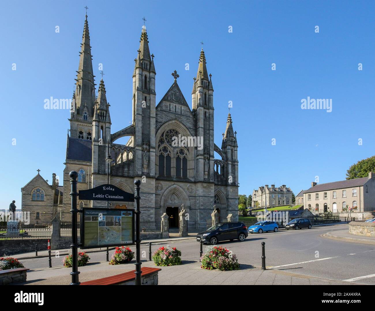 Panoramic view of the front of St Eunan's Square and Cathedral Square in Letterkenny Ireland on a bright sunny autumn afternoon in County Donegal. Stock Photo