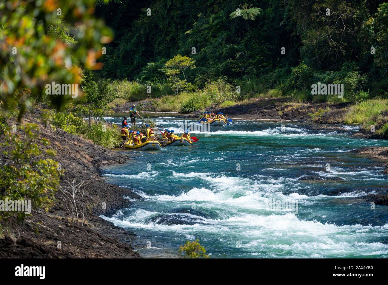 Group of white water rafters paddling over rapids at Tully Gorge, North Queensland Stock Photo