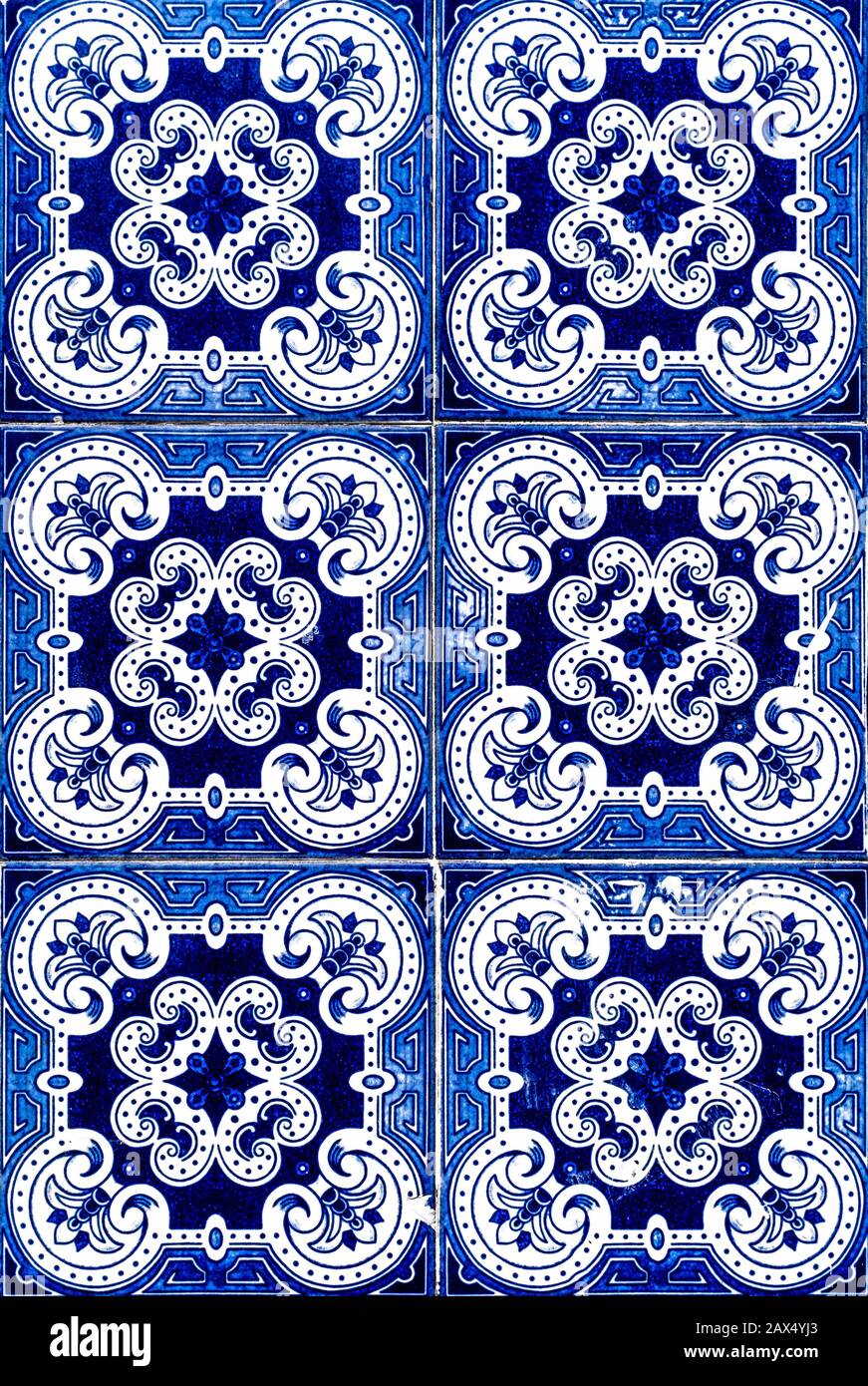 Portuguese traditional tiles Azulejos with blue floral pattern on a white background. Stock Photo