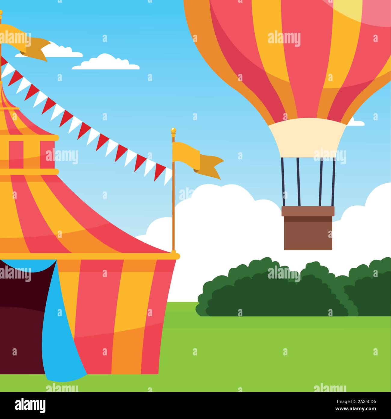 carnival fair tent and hot air balloon over landscape background Stock ...