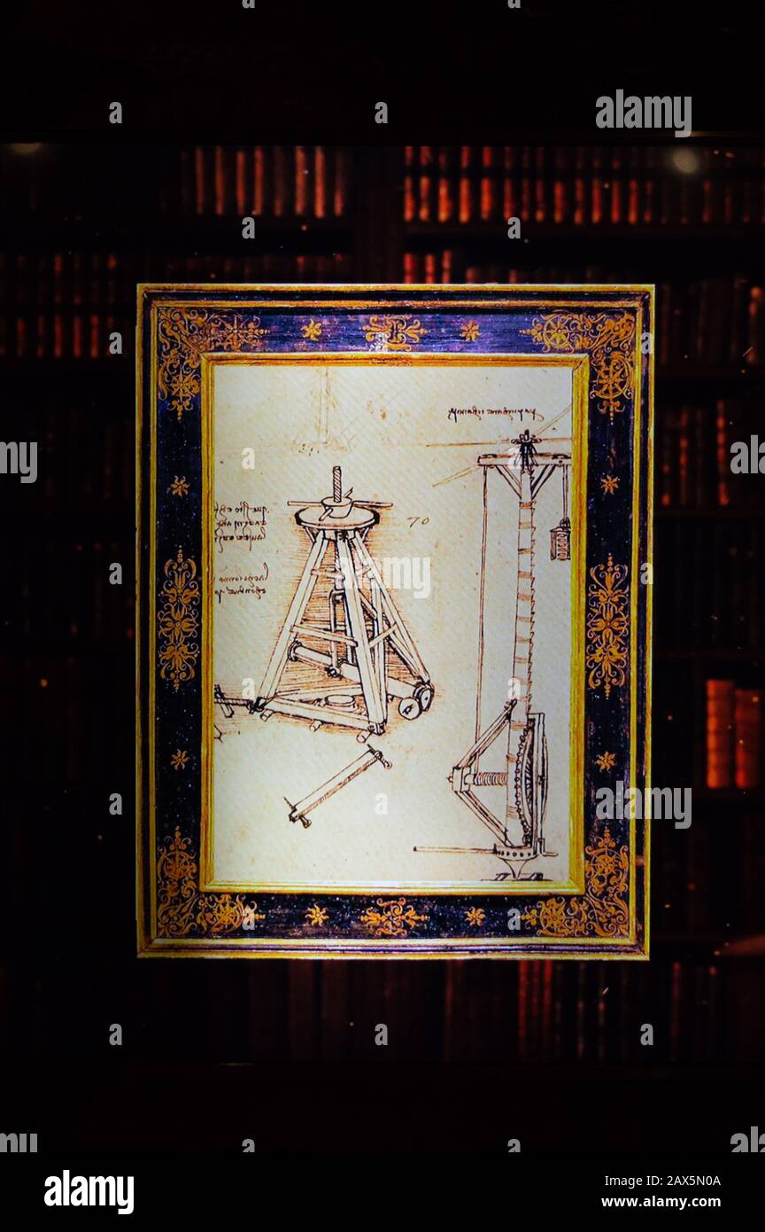 Leonardo Da Vinci design of one of his machines for lifting columns and heavy weights. Image from an Exhibit in Mexico. Stock Photo