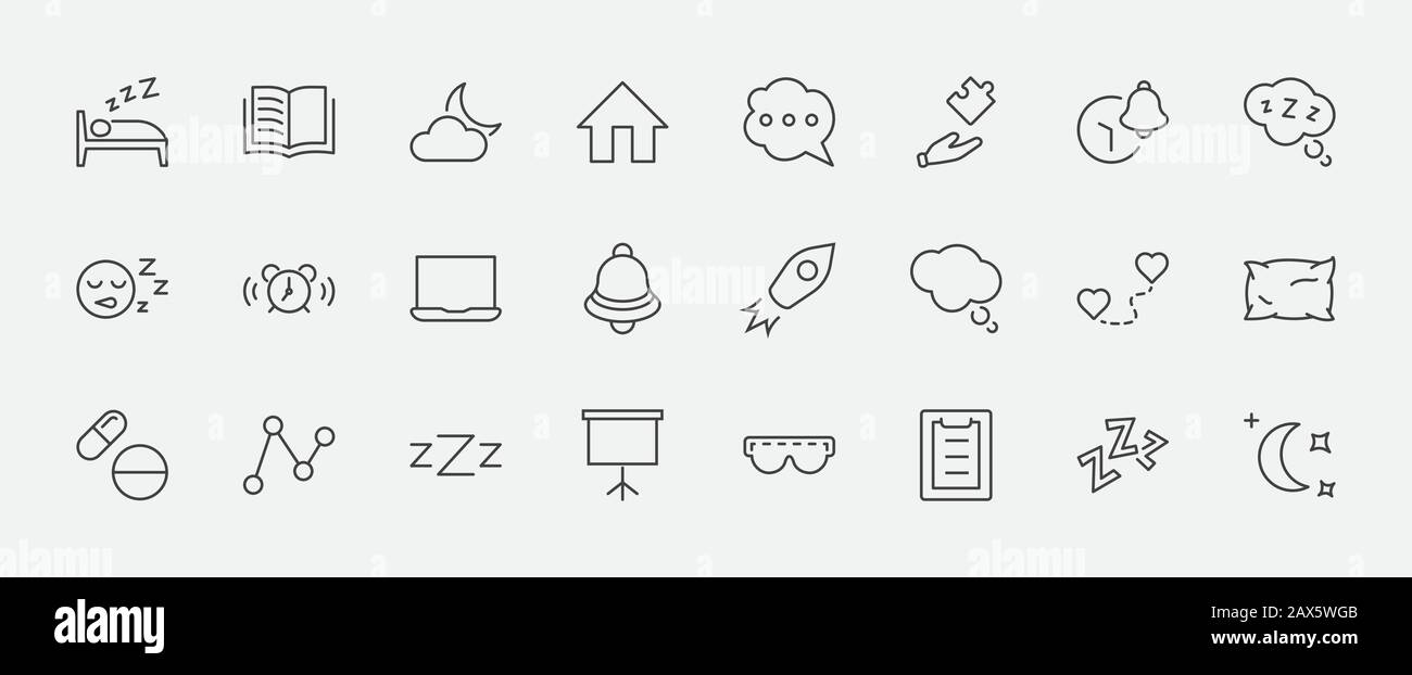 Sleep Vector Line Icons Set. Contains such Icons as Alarm Clock, Bed, Insomnia, Pillow, Sleeping Pills, Bell, Glasses for sleep, Bubble and more. Edit Stock Vector