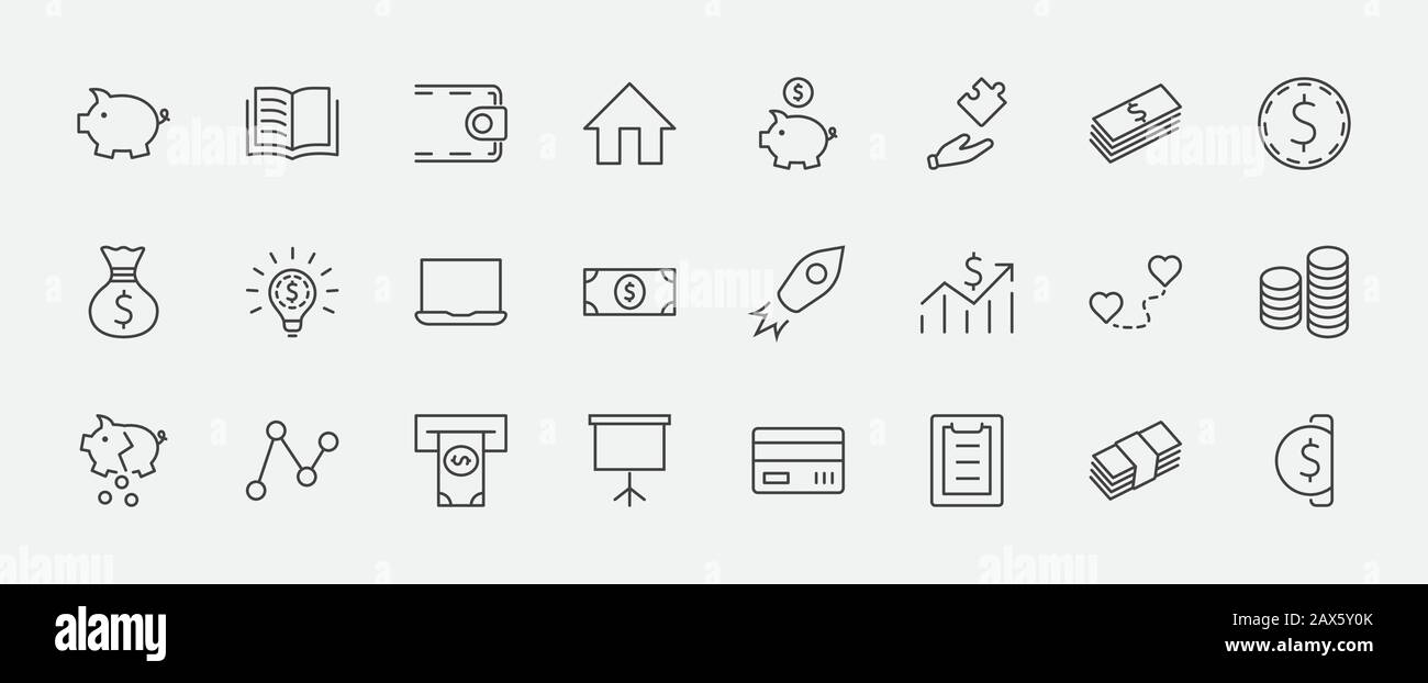 Set of Money Related Vector Line Icons. Contains such Icons as Money Bag, Piggy Bank in the form of a Pig, Wallet, ATM, Bundle of Money, Hand with a C Stock Vector