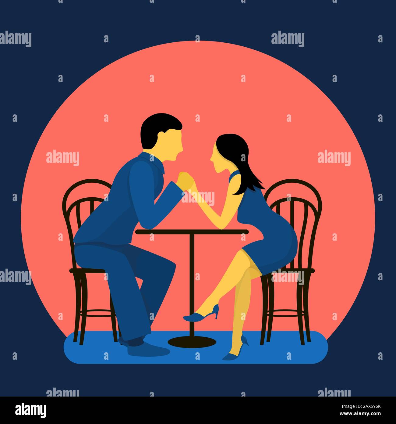 A couple of cute lovers at a table in a cafe. Flat vector illustration in trendy colors. Stock Vector