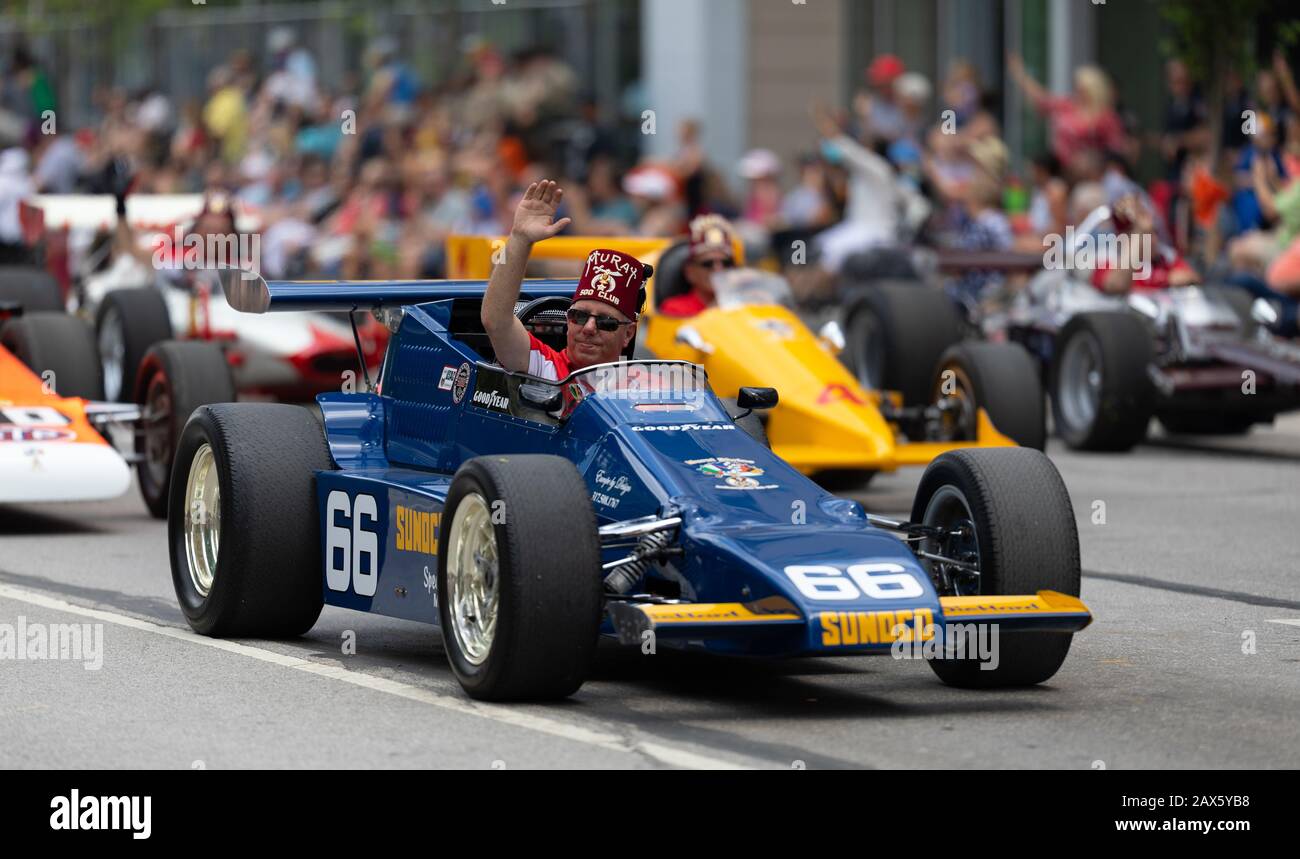Indianapolis, Indiana, USA - May 25, 2019: Indy 500 Parade, Replicas of classic race cars, being driven down Pennsylvania Street Stock Photo