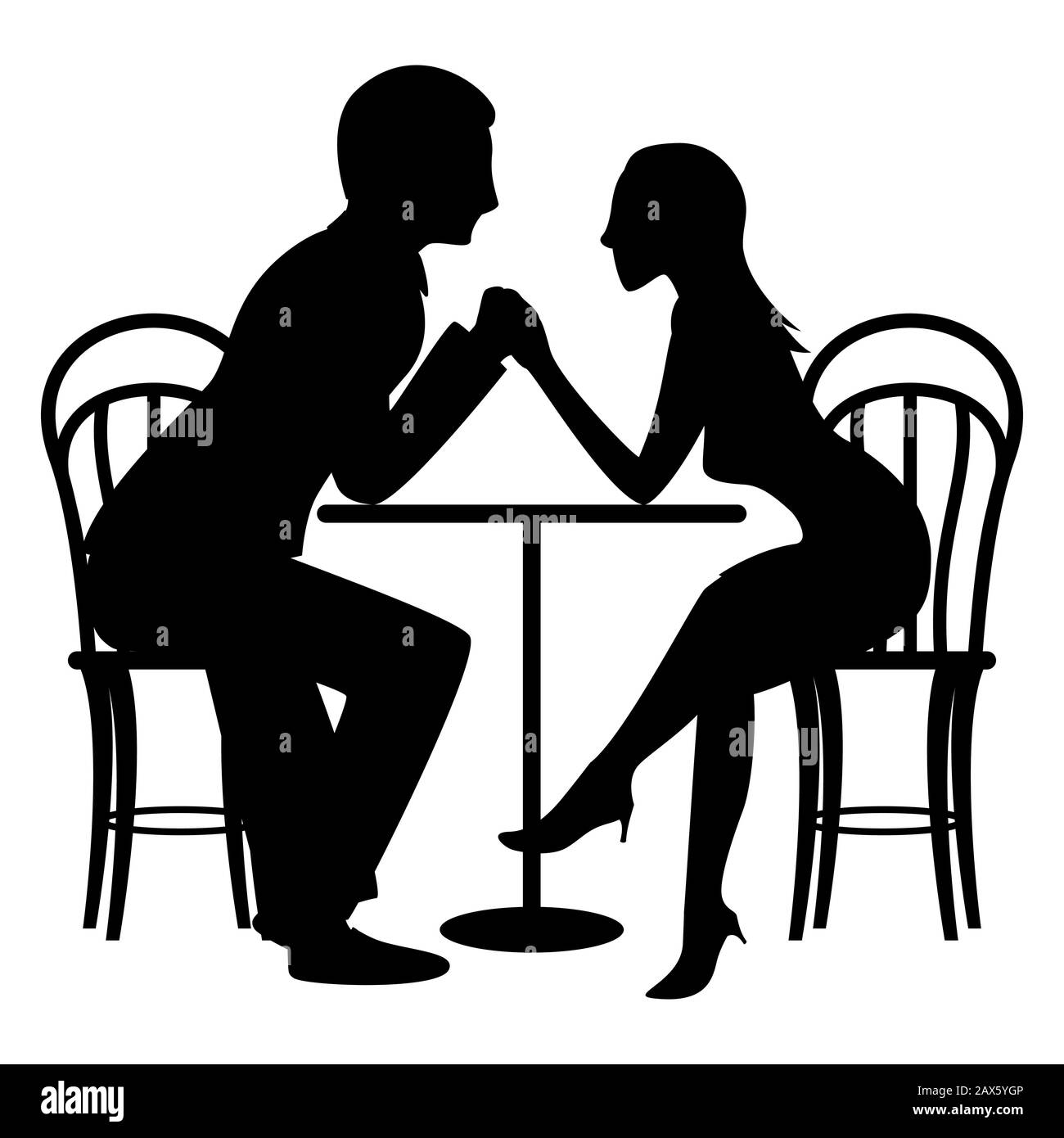 A couple of cute lovers at a table in a cafe. Flat vector silhouette illustration. Stock Vector