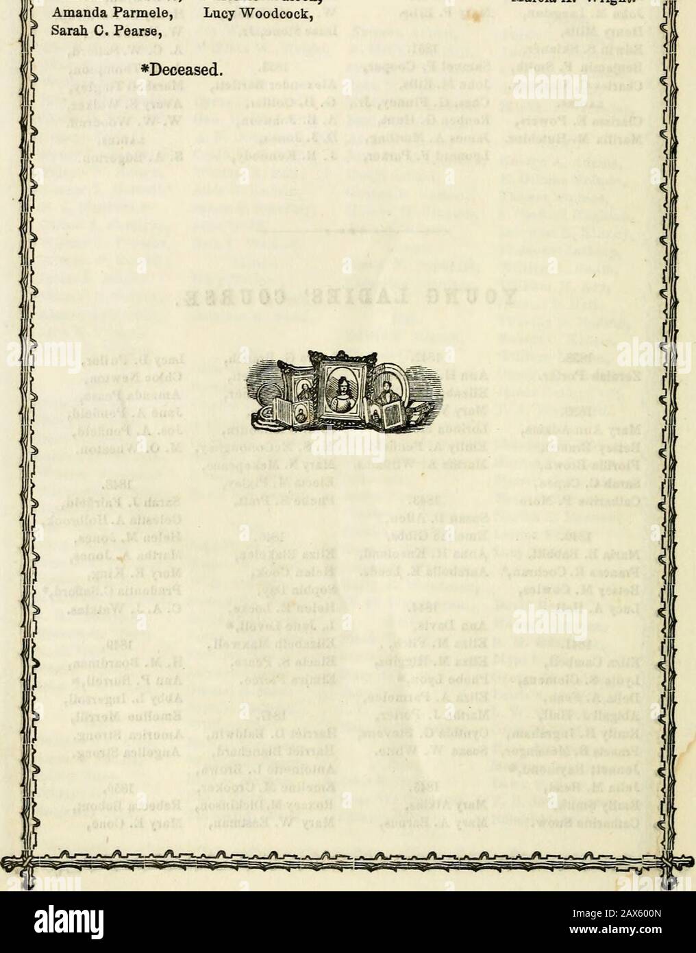 Annual catalogue of the officers and students of Oberlin College for the college year . Holbrook,Helen M. Jones,Martha A. Jones,Mary E. King,Prudentia C.Safibrd,iC. A. J. Watkins. 1849.H. M. Boardman,Ann P. Burrell,*Abby L. IngersoU,Emeline Merrill,America Strong,Angelica Strong. 1850.Rebecca Bebout,Mary E. Cone, Minerva P.Dayton,Ann Jane Gray,Harriet A. Green,Clarinda Paimele,Lacy A. Stanton,Eunice Thompson. Julia A. BueU,Eunice W. Dyer,Amanda Gardner,Sally Holley,Almeda E. Latimer,Amanda Parmele,Sarah C. Pearse, Abby R. Skinner,Sarah G. Turner,Mary C. Waterbury. 1852.Abby Barber,Emeline L. B Stock Photo